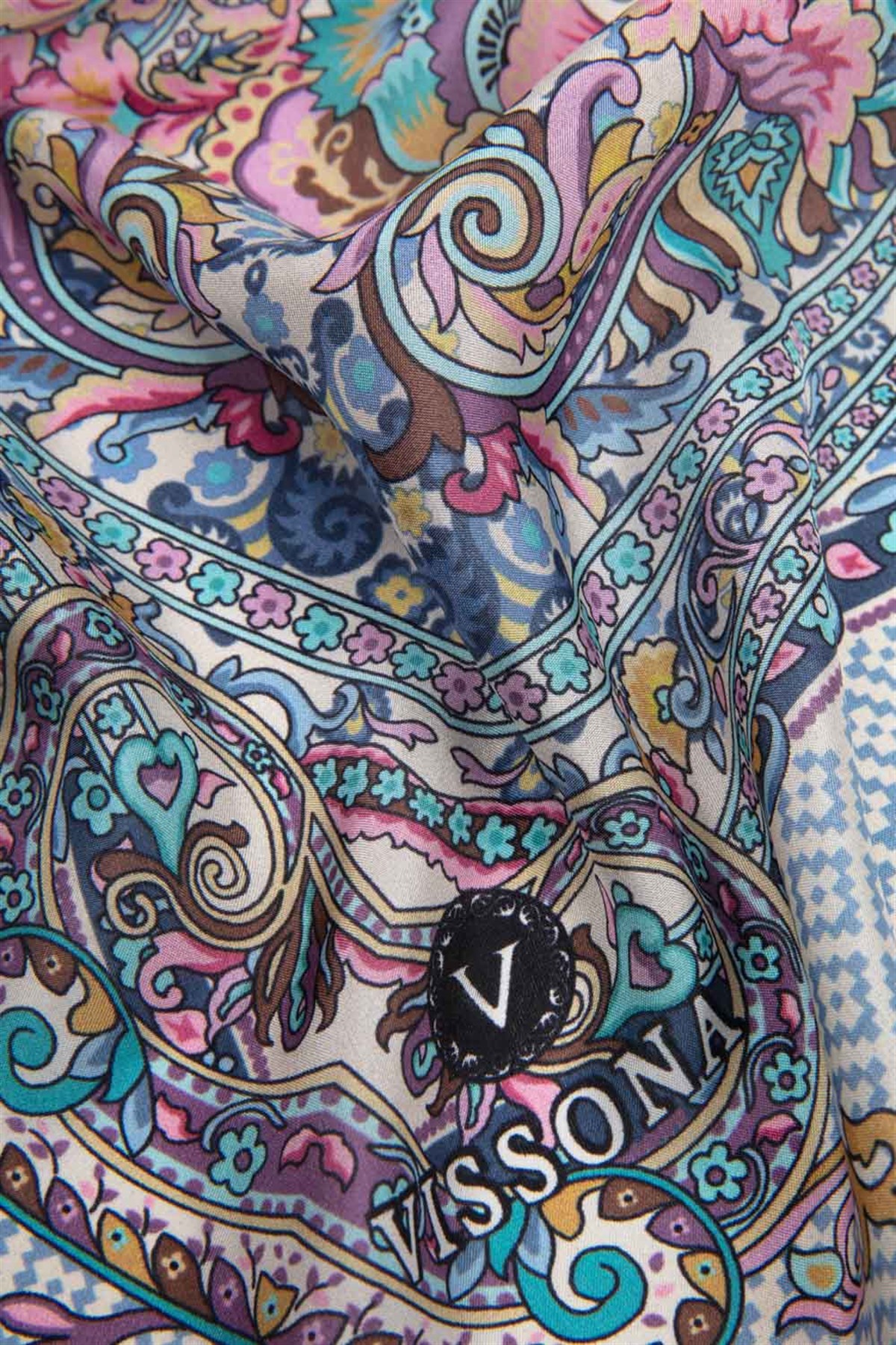 %100 İPEK ETRO DESENLİ KREM - MÜRDÜM RENKLİ ŞAL