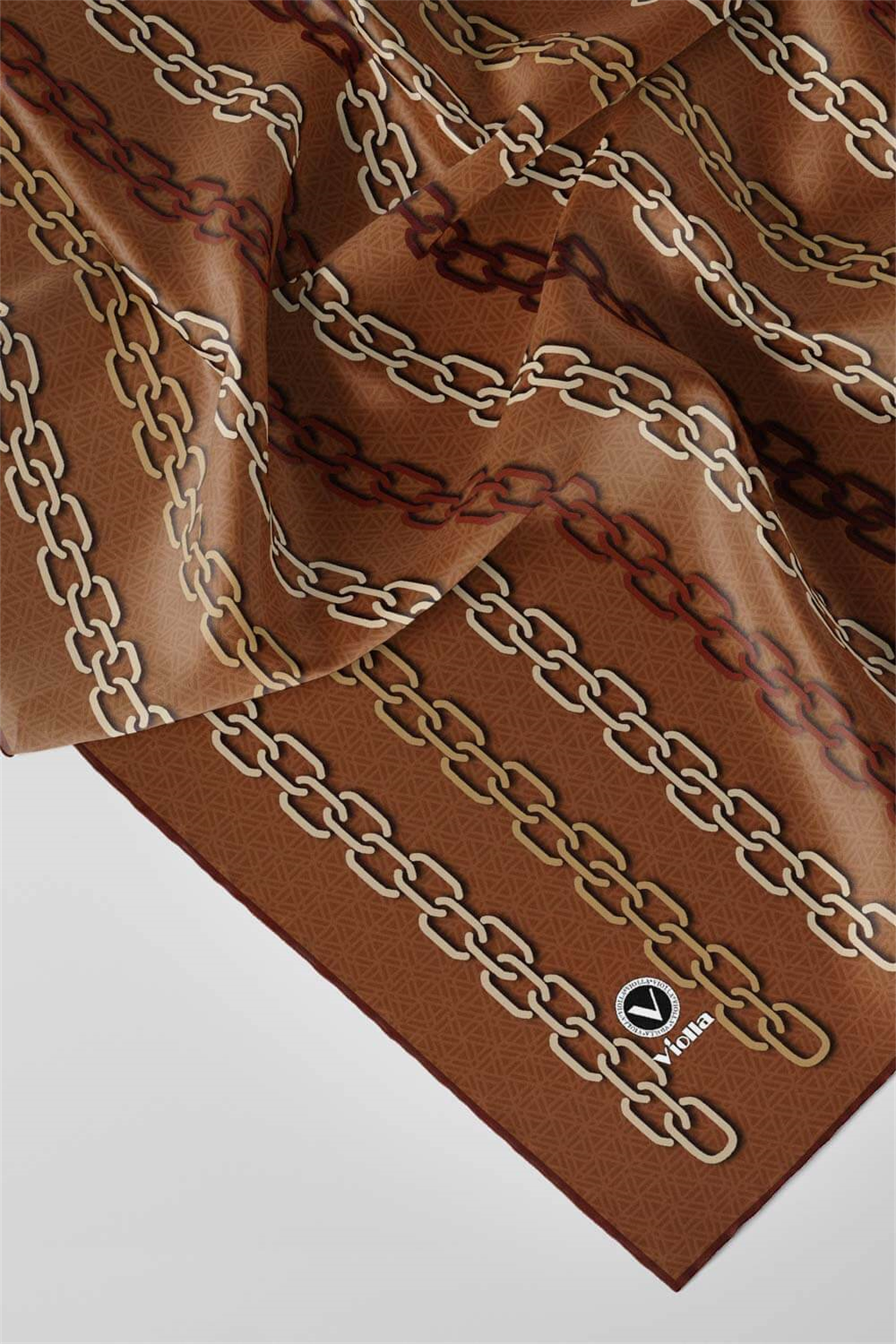 Twill Zincir Desenli Taba Renkli 90x90 Eşarp (İpek İçermez) Kenar Dikiş Şekli El Dikişli