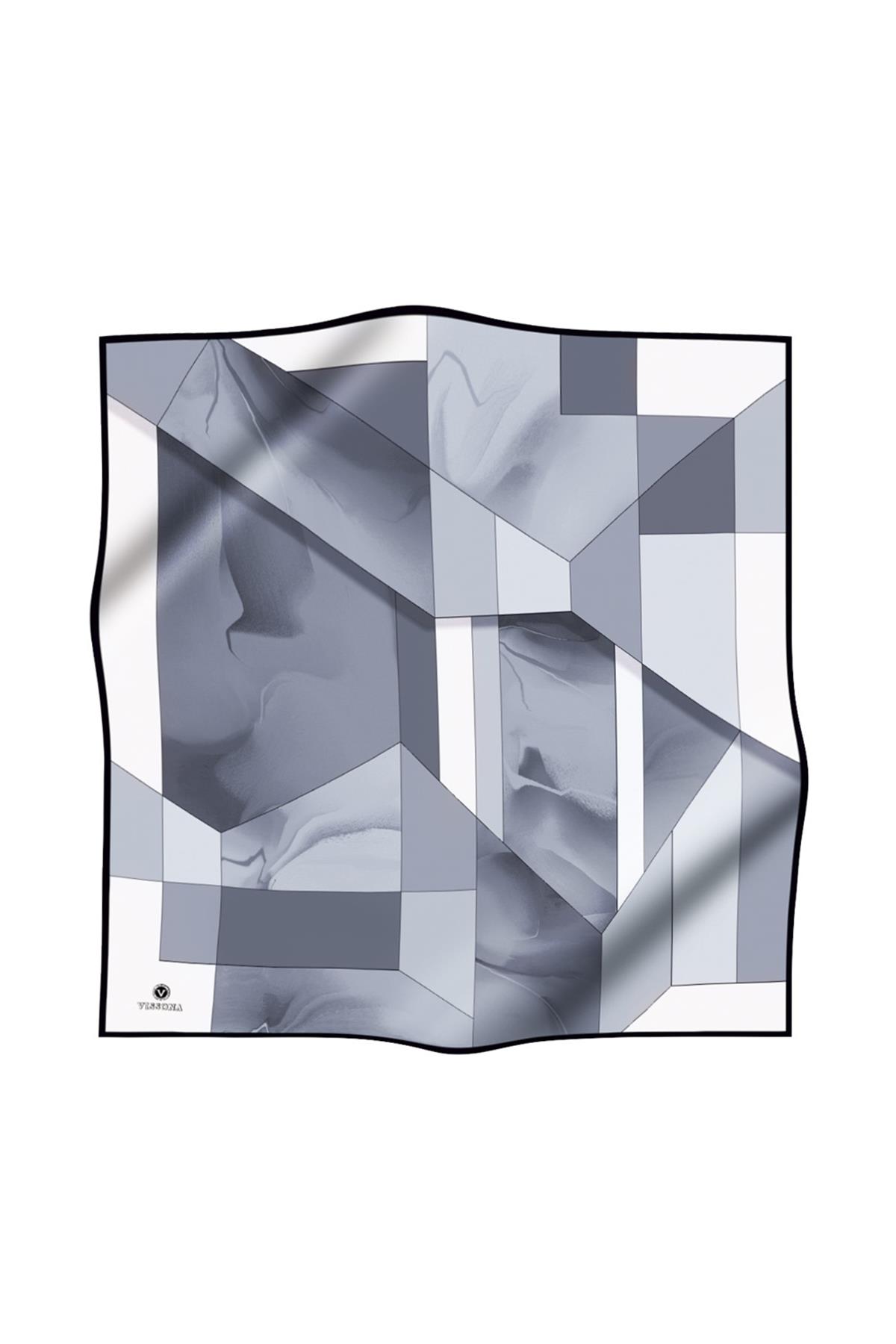 %100 Twill İpek Geometrik Desenli Gri - Gümüş Renkli 90x90 Eşarp Dikim Şekli : El Dikişi