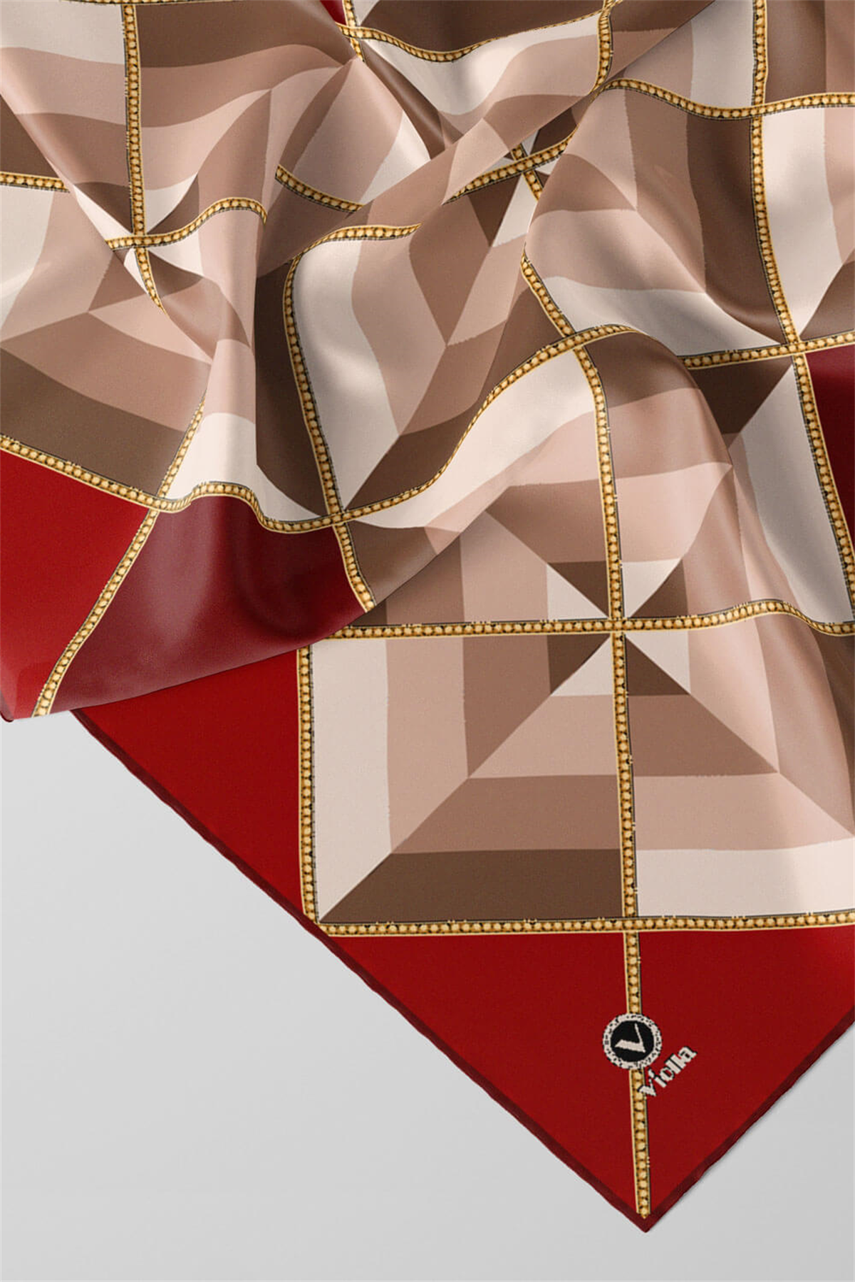 Twill Geometrik Desenli Bordo Renkli 90x90 Eşarp (İpek İçermez) Kenar Dikiş Şekli El Dikişli