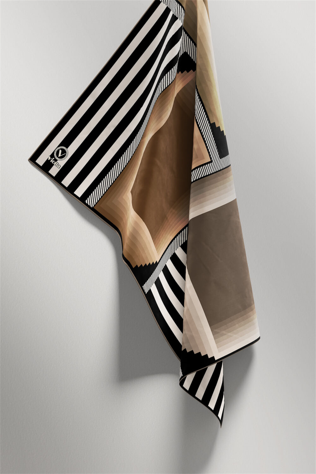 Twill Geometrik Desenli Bej Renkli 90x90 Eşarp (İpek İçermez) Kenar Dikiş Şekli El Dikişli