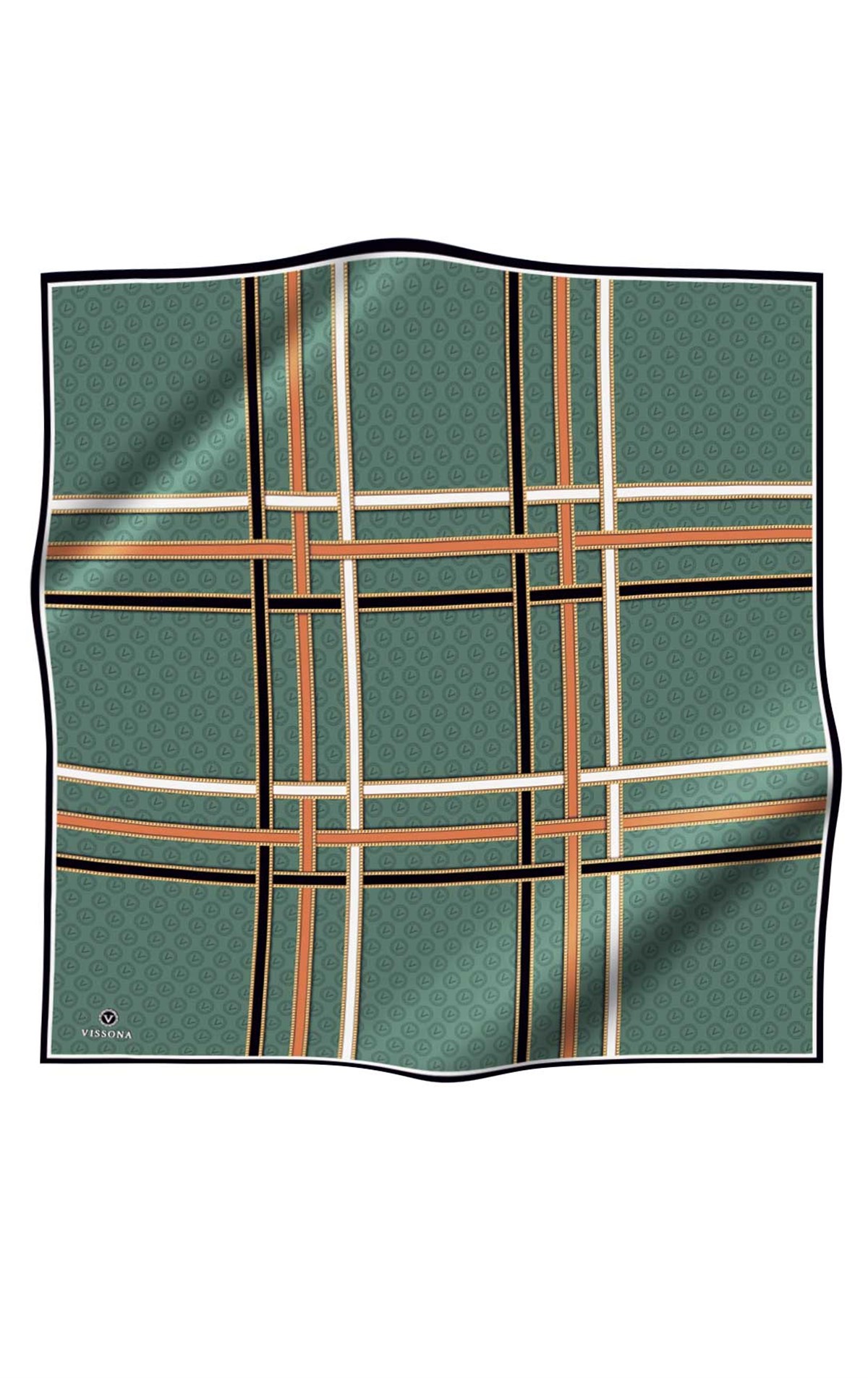 %100 Twill İpek Gold Şeritli Monogram Desenli Petrol Yeşili - Bakır Renkli 90x90 Eşarp Dikim Şekli : El Dikişi