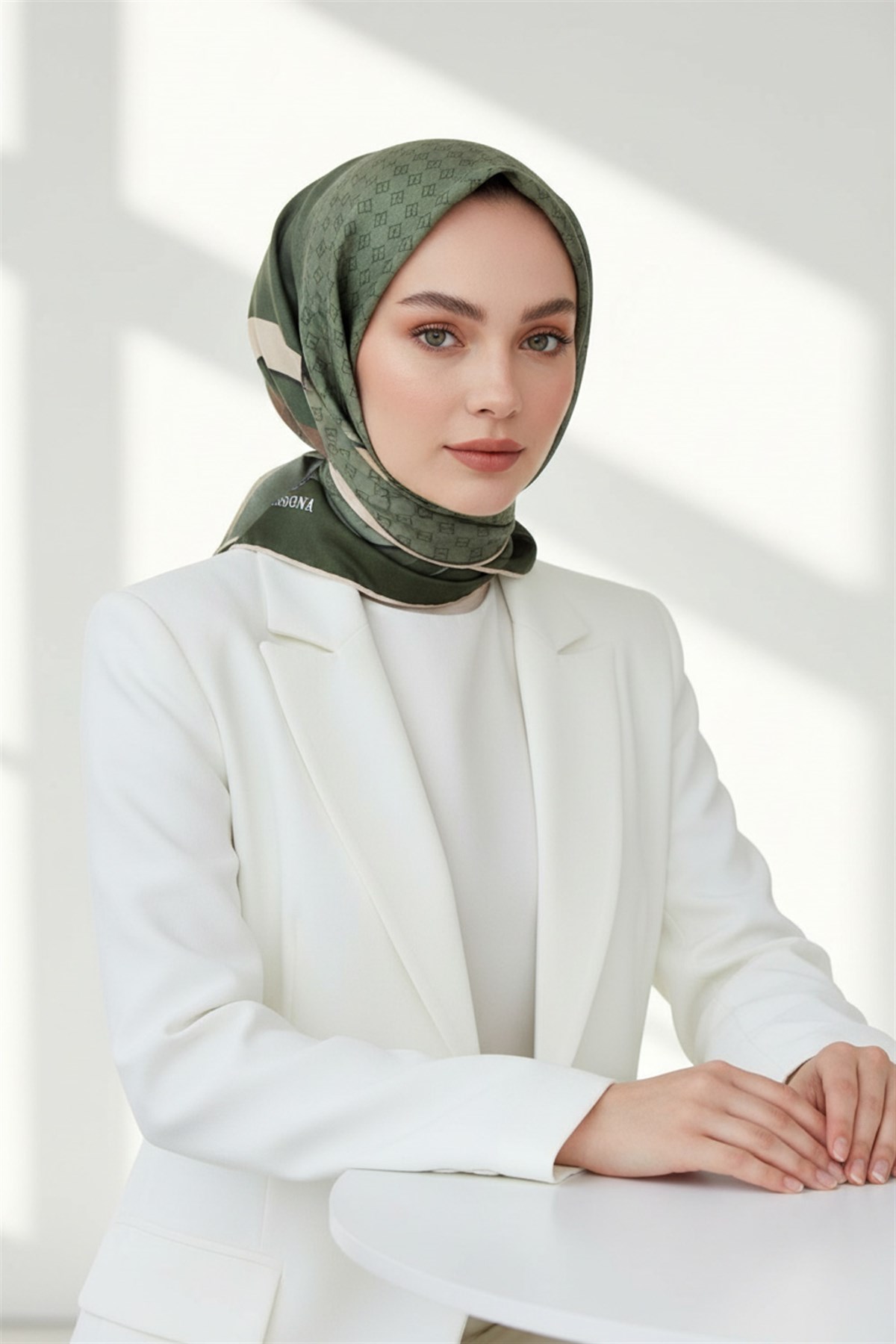 %100 Twill İpek Degrade Desenli Haki - Bej Renkli 90x90 Eşarp Dikim Şekli : El Dikişi