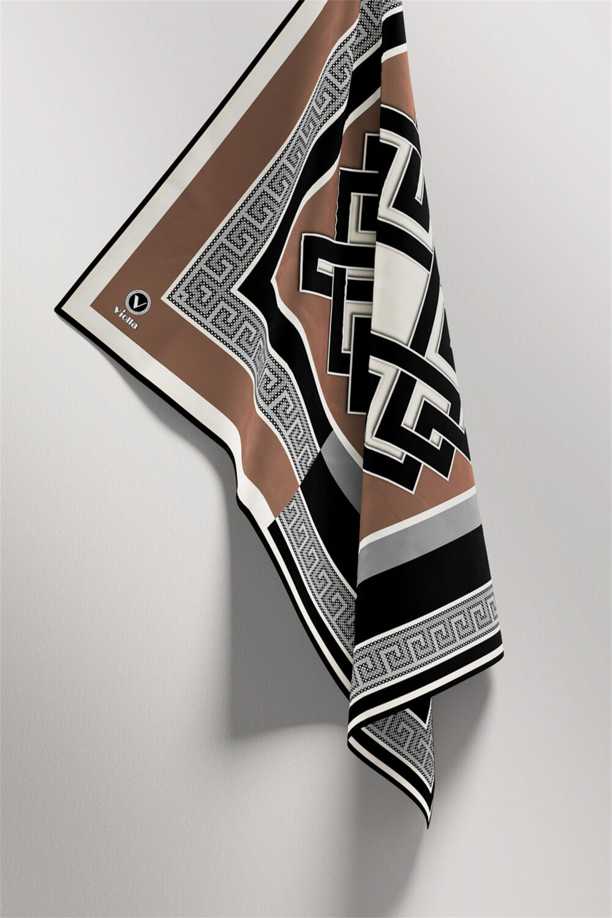 Twill Çizgili Sonsuzluk Düğümü Desenli Bej Renkli 90x90 Eşarp (İpek İçermez)