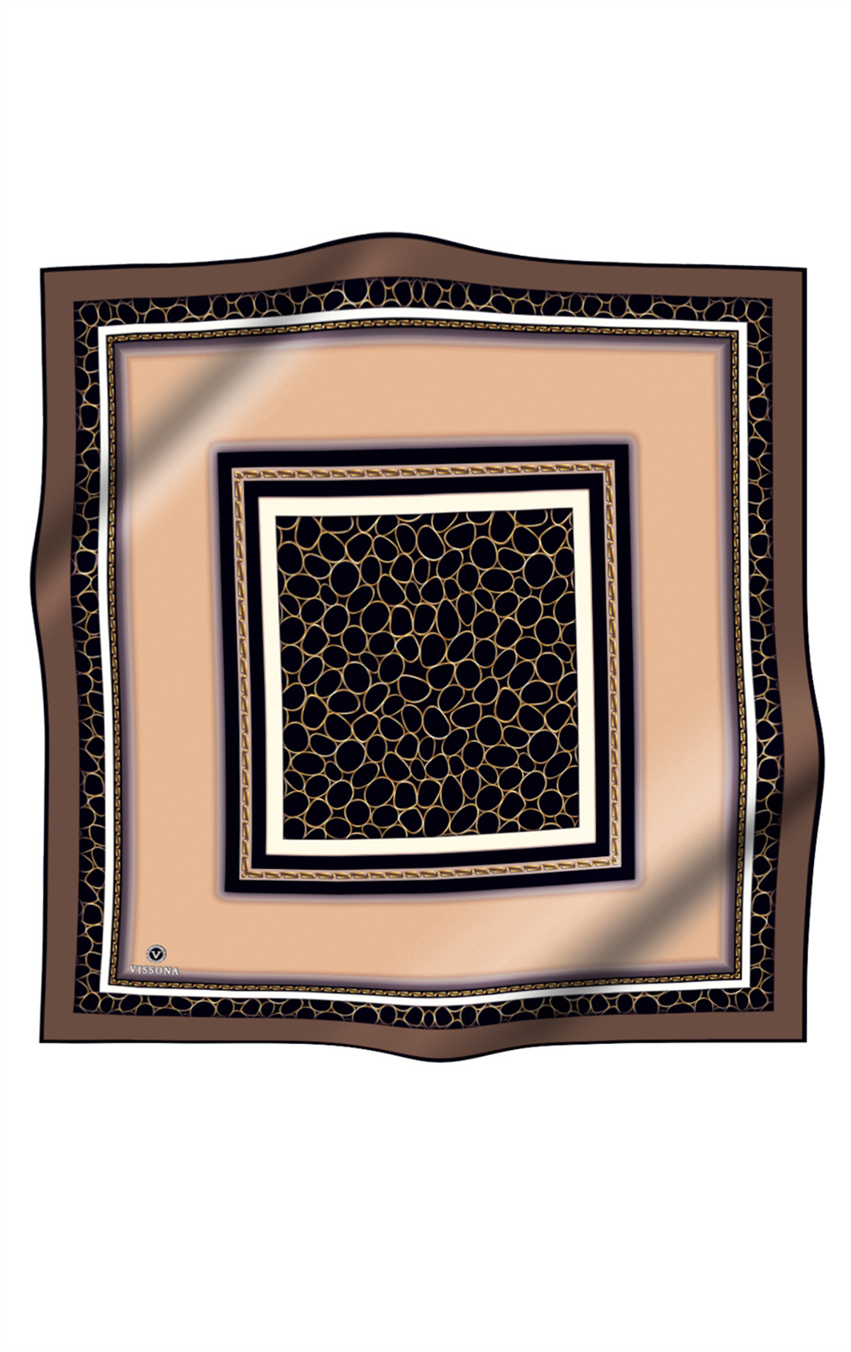 % 57 İPEK %43 VİSKON Twill İpek Gold Halka Desenli Bej - Kahverengi Renkli 90x90 Eşarp Dikim Şekli : El Dikişi