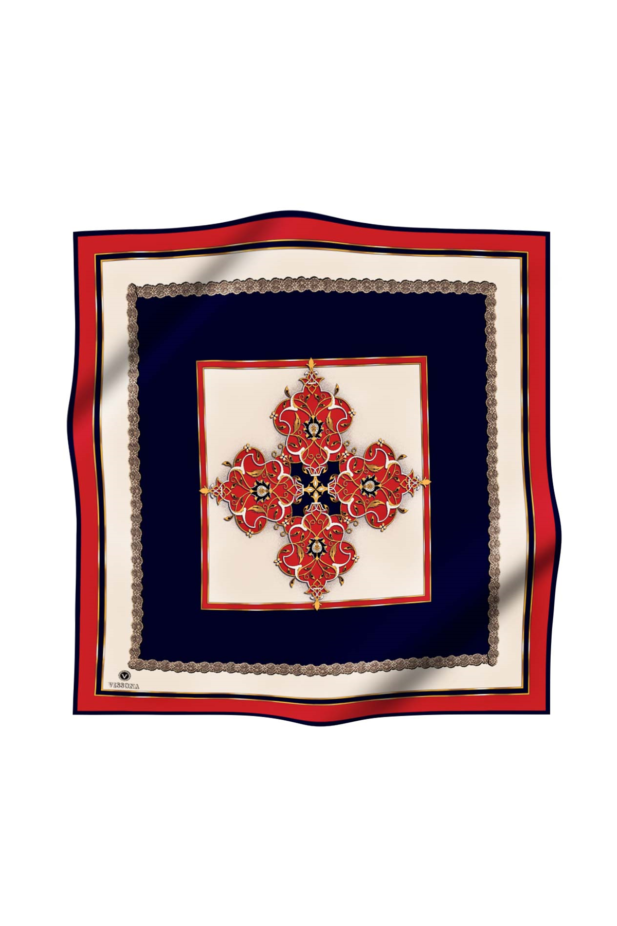 %100 Twill Barok Desenli Kırmızı - Lacivert Renkli 90x90 Eşarp Dikim Şekli: El Dikişi