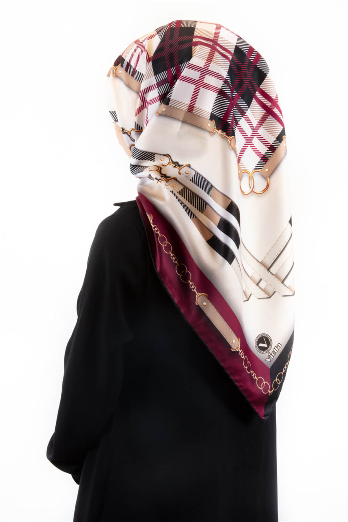 Twill Ekoseli Ve Zincir Desenli Mürdüm Renkli 90x90 Eşarp (İpek İçermez) Dikim Şekli : El Dikişi