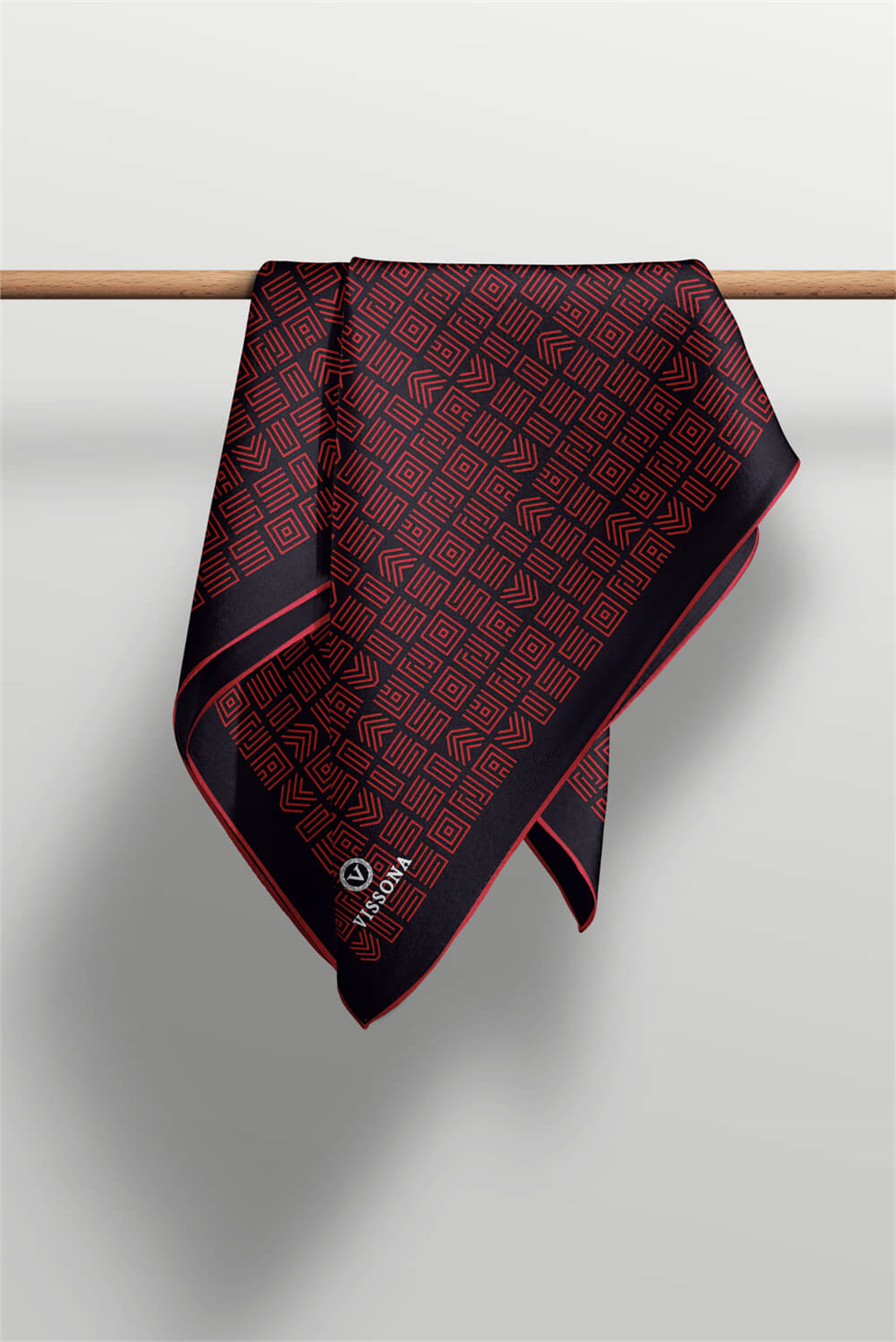 %57 İPEK %43 VİSKON Twill İpek Etnik Motif Desenli Siyah - Kırmızı Renkli 90x90 Eşarp Dikim Şekli : El Dikişi