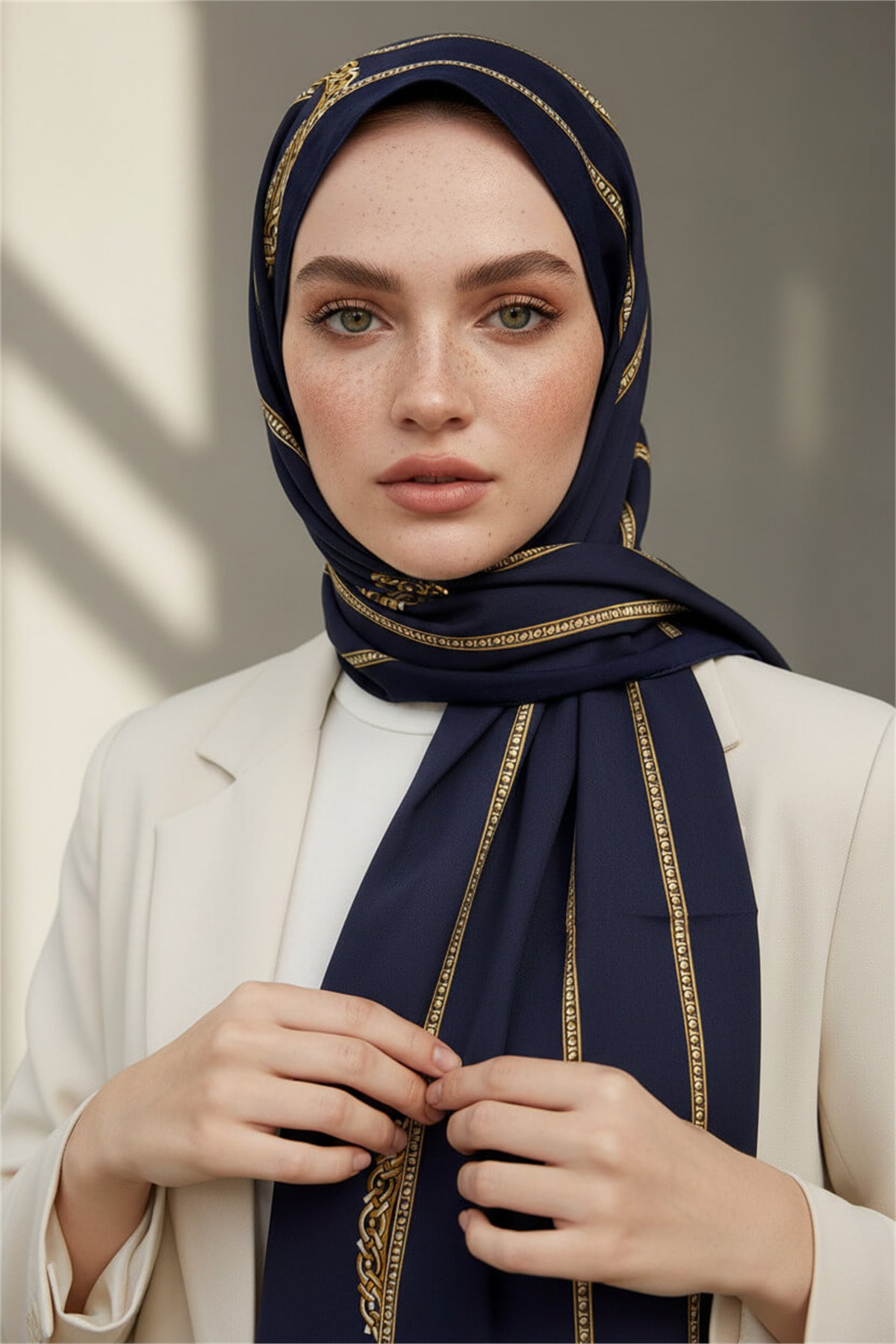 KREP ZİNCİR DESENLİ LACİVERT RENKLİ 75X195 KIRIŞMAZ ŞAL