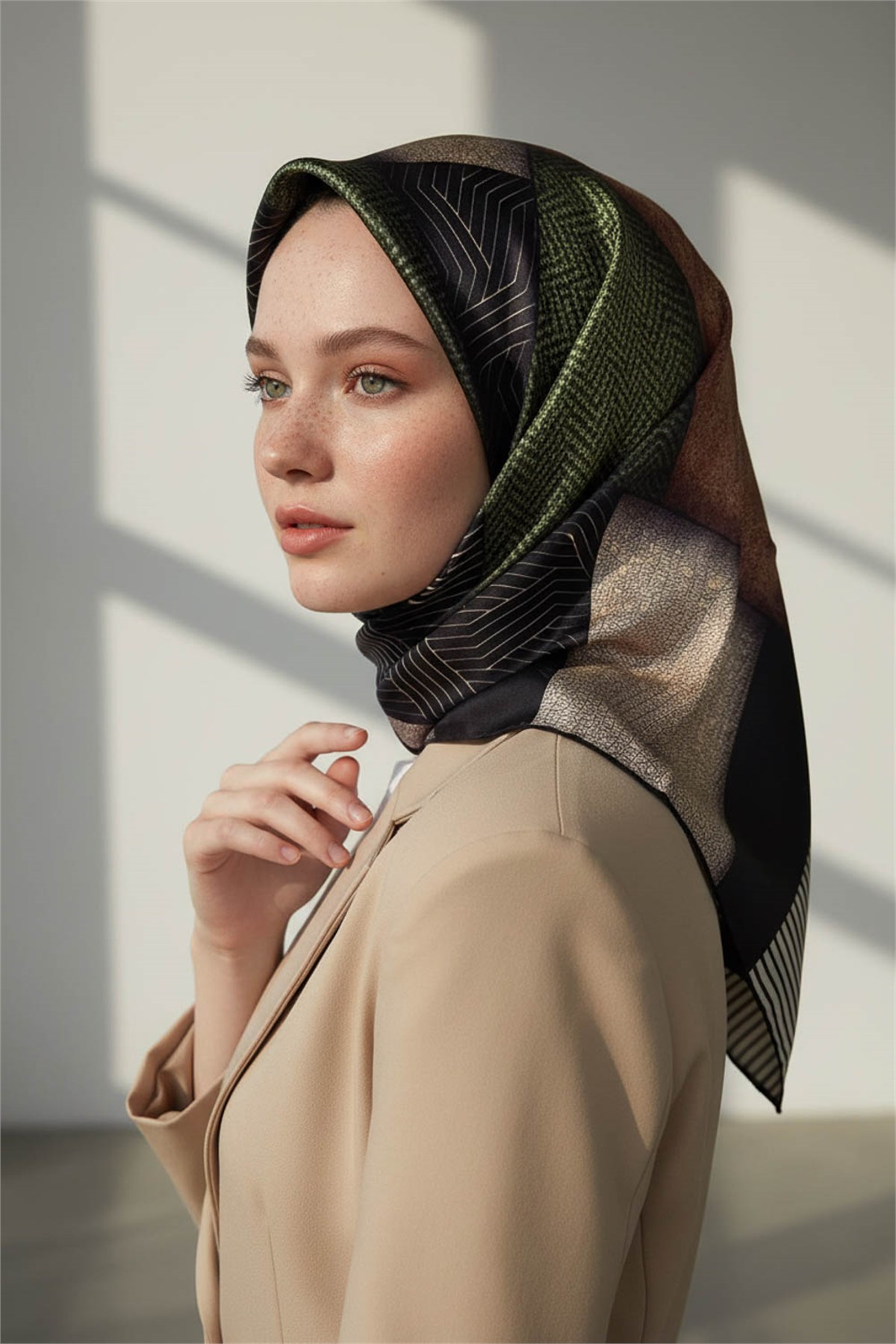 %100 Twill İpek Dokulu ve Geometrik Desenli Haki - Vizon Yeşili Renkli 90x90 Eşarp Dikim Şekli : El Dikişi