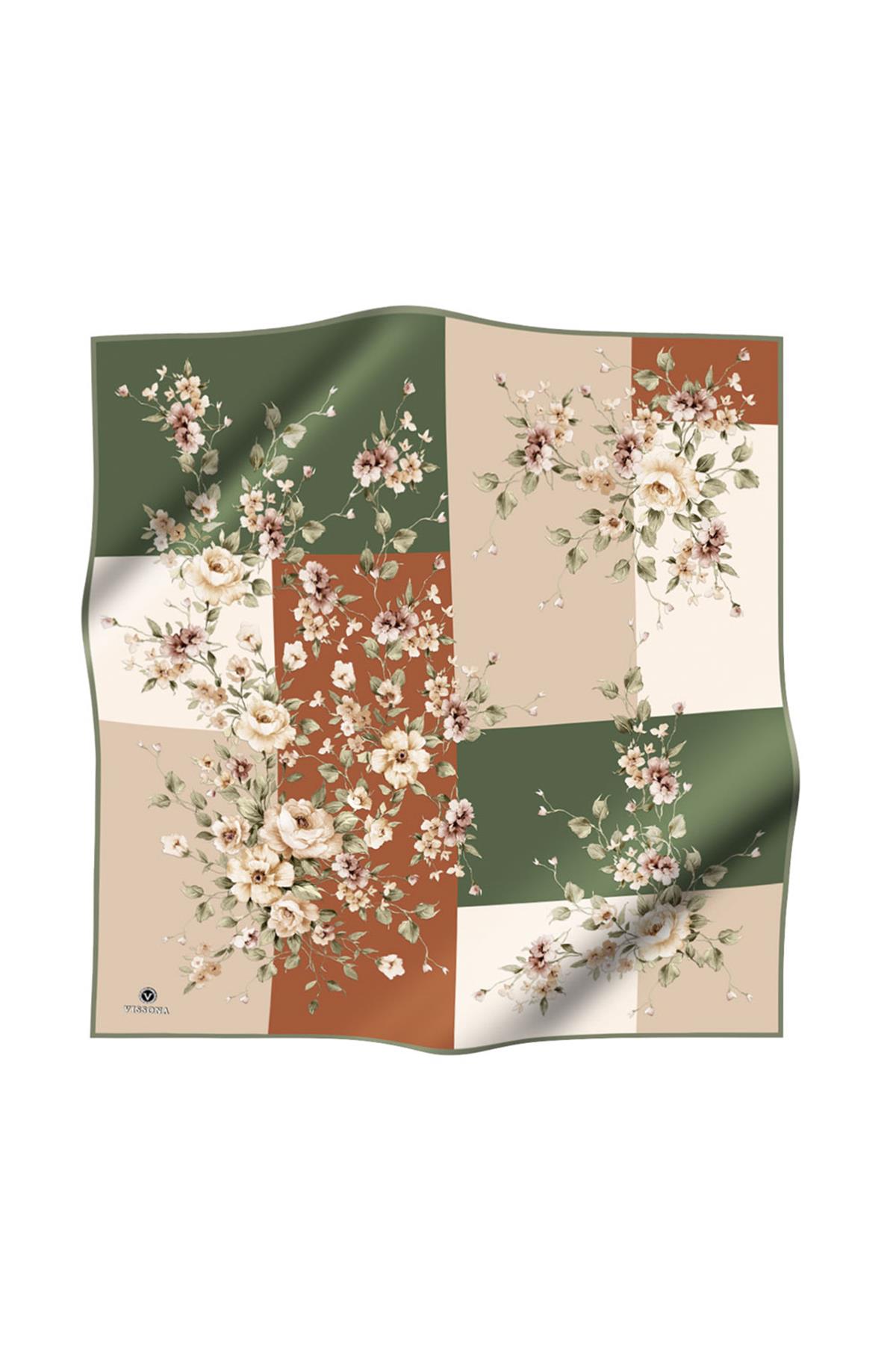 %100 Twill İpek Geometrik Ve Çiçek Desenli Haki - Kiremit Renkli 90x90 Eşarp Dikim Şekli : El Dikişi