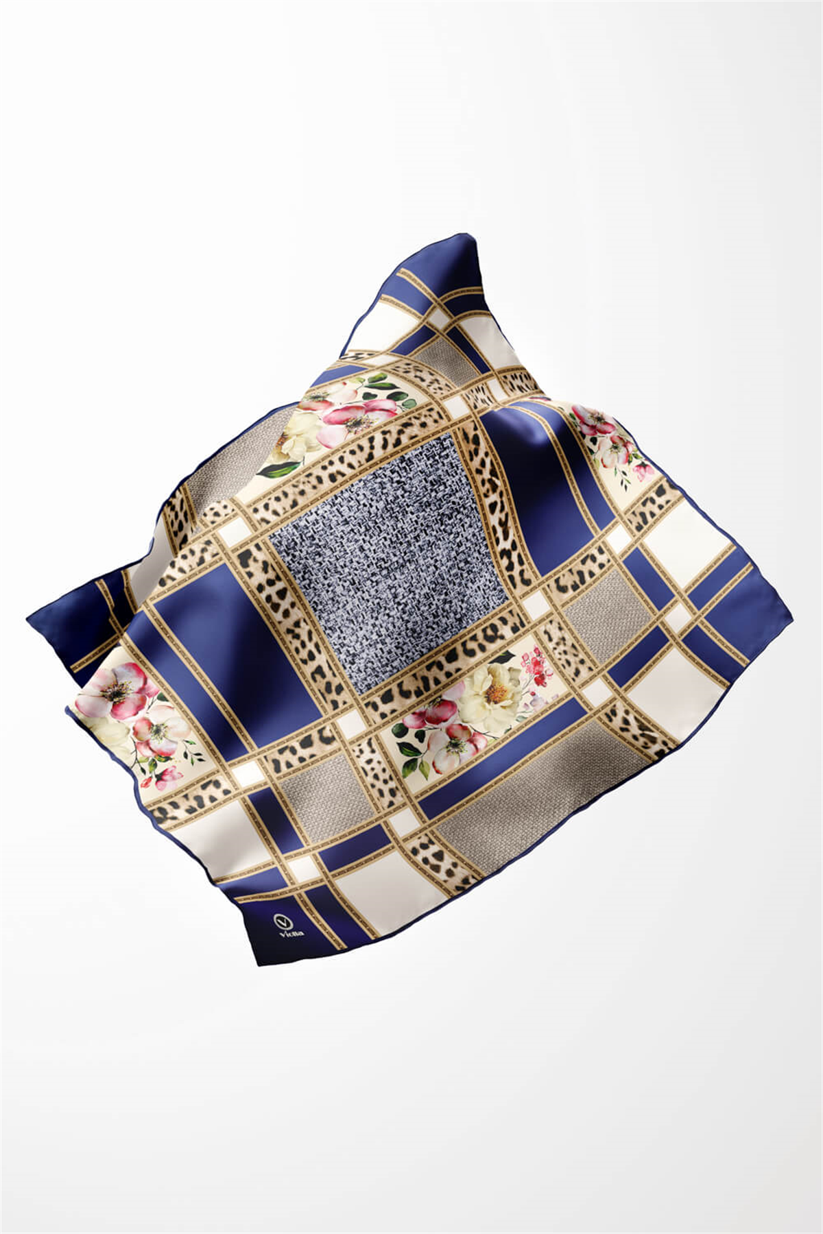 Twill Leopar ve Çiçek Desenli Lacivert - Krem Renkli 90x90 Eşarp (İpek İçermez) Dikim Şekli : El Dikişi