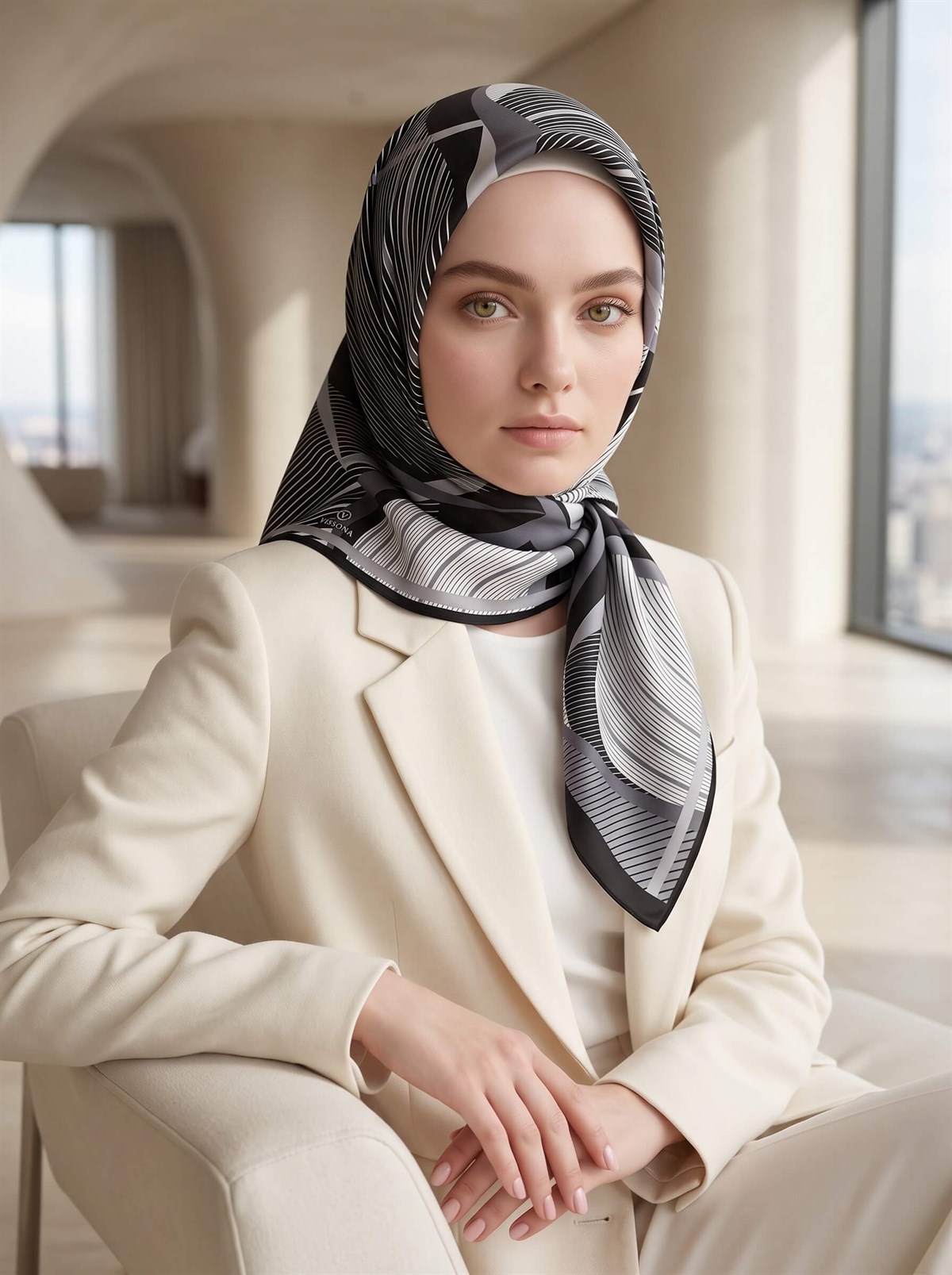 %100 Twill İpek Çizgili Geometrik Desenli Siyah - Füme Renkli 90x90 Eşarp Dikim Şekli : El Dikişi