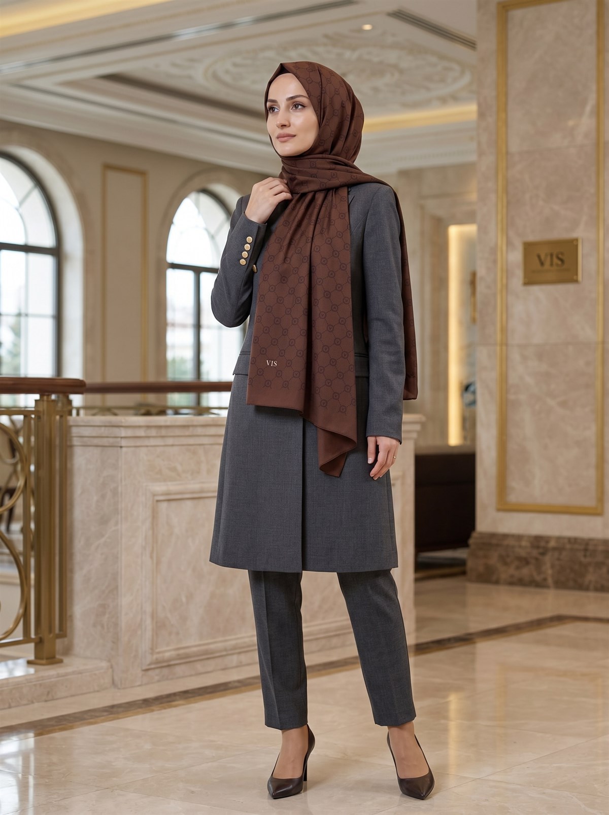 KREP MONOGRAM DESENLİ TABA RENKLİ 75X195 KIRIŞMAZ ŞAL