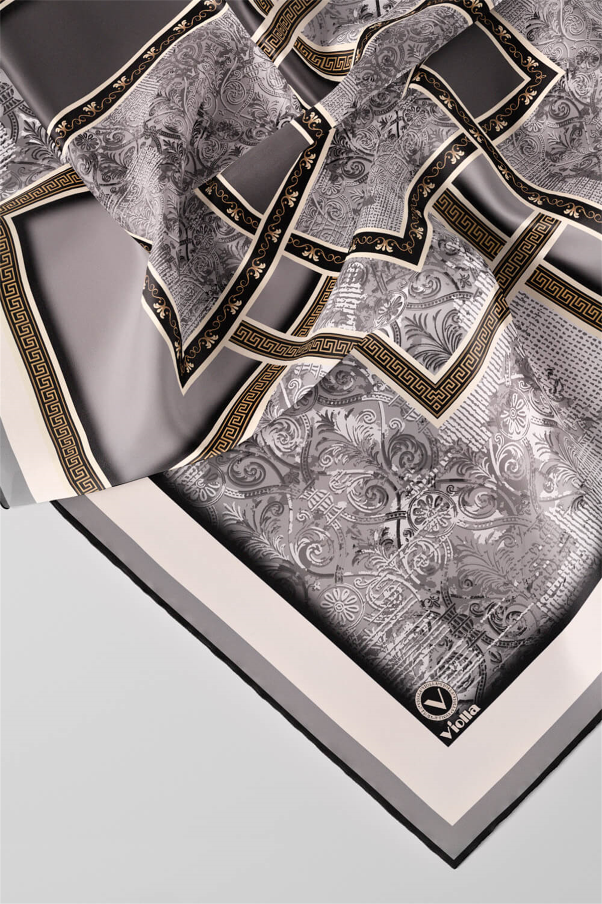 Twill Geometrik Desenli Gri Renkli 90x90 Eşarp (İpek İçermez) Kenar Dikiş Şekli El Dikişli