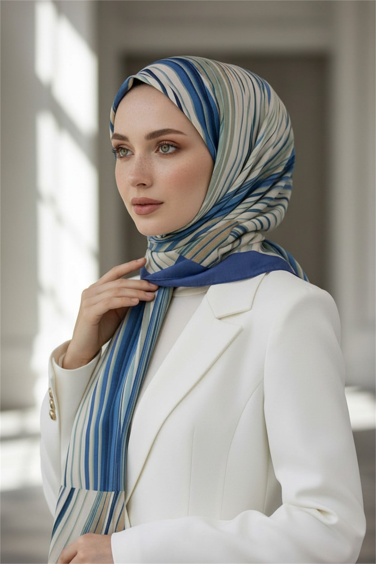 KREP ÇİZGİLİ DESENLİ PETROL MAVİSİ RENKLİ 75X195 KIRIŞMAZ ŞAL