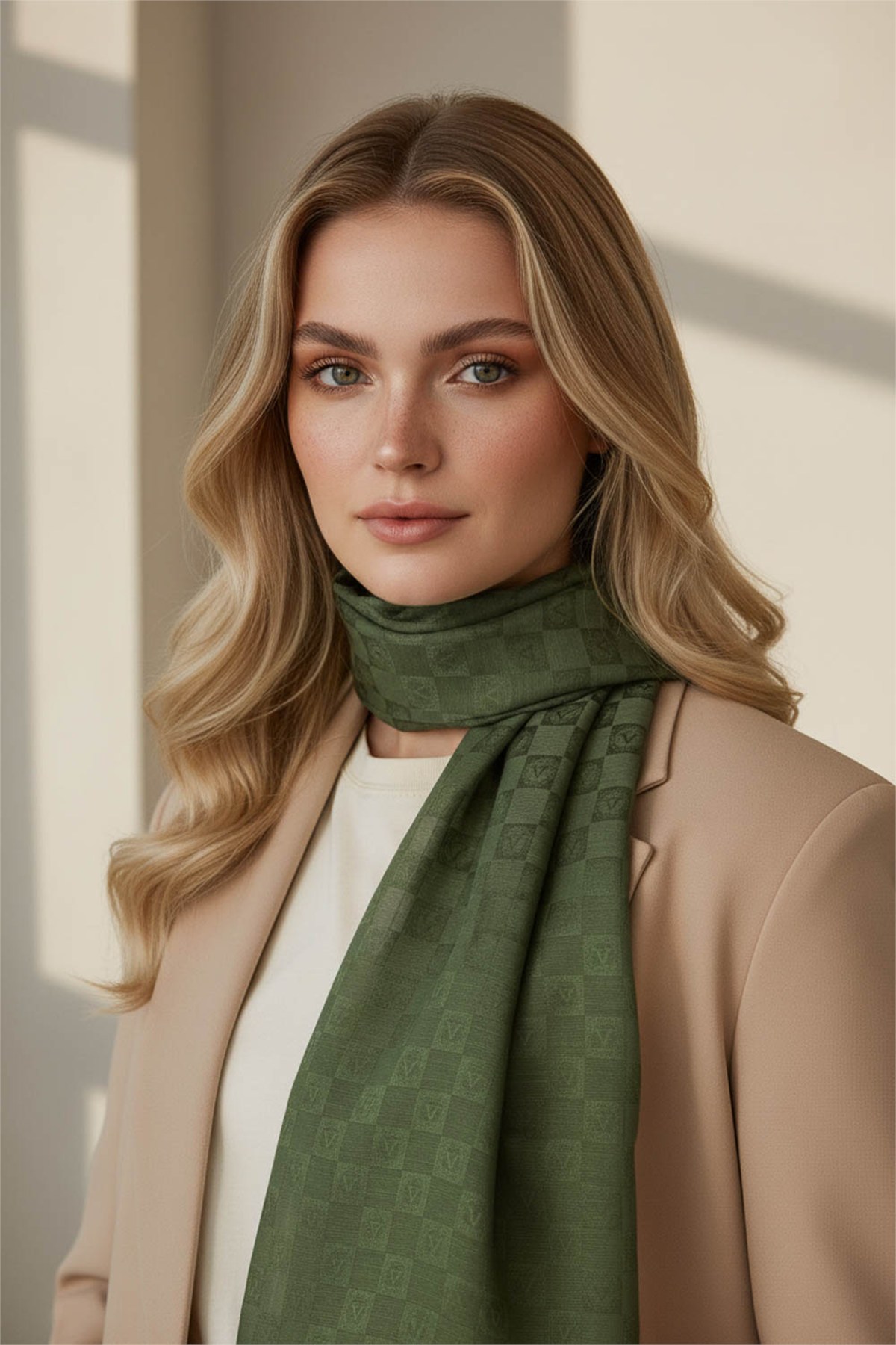 %57 İpek %43 Pamuk Jakarlı Monogram fular