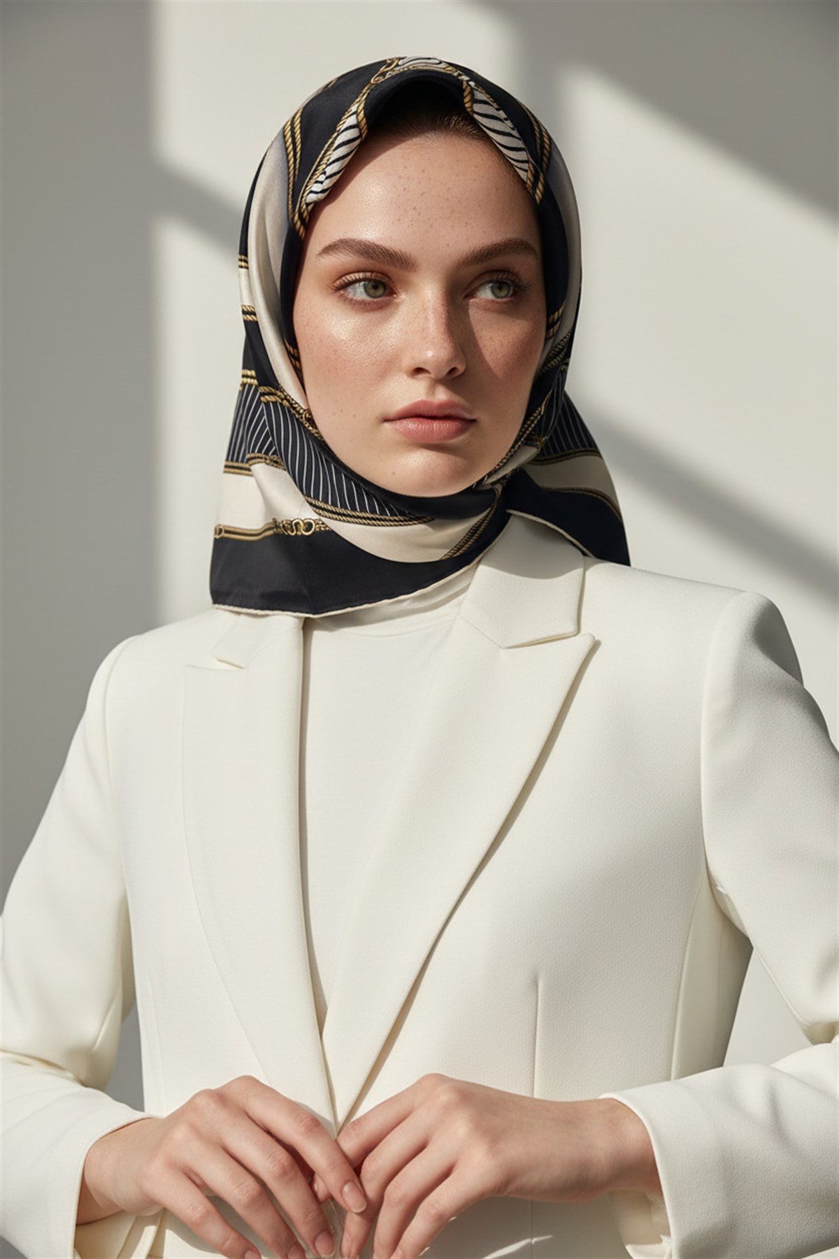 %100 Twill İpek Zincir Detaylı Geometrik Desenli Siyah - Krem Renkli 90x90 Eşarp Dikim Şekli : El Dikişi