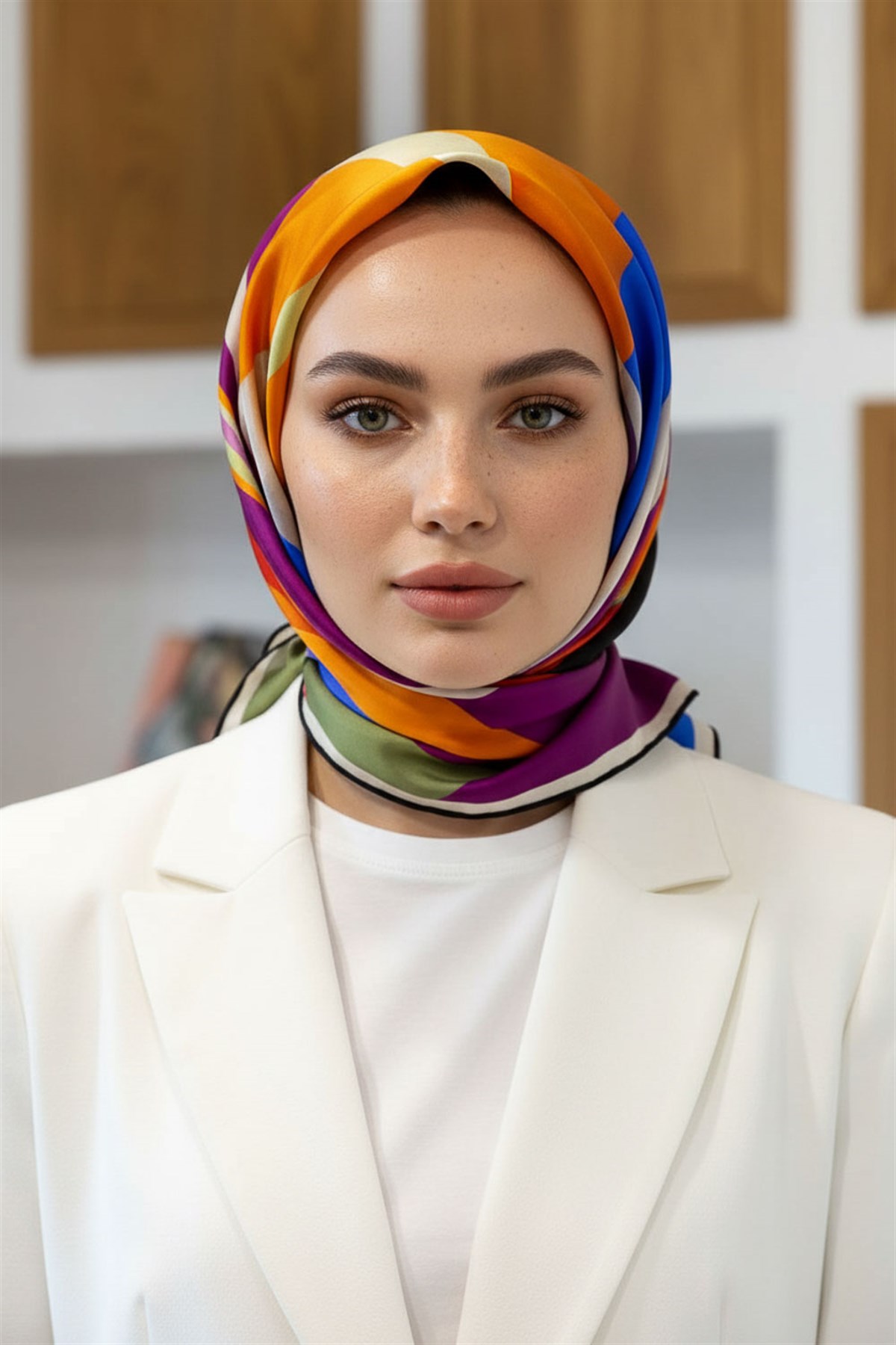 %100 Twill İpek Geometrik Desenli Kırmızı - Mürdüm Renkli 90x90 Eşarp Dikim Şekli : El Dikişi