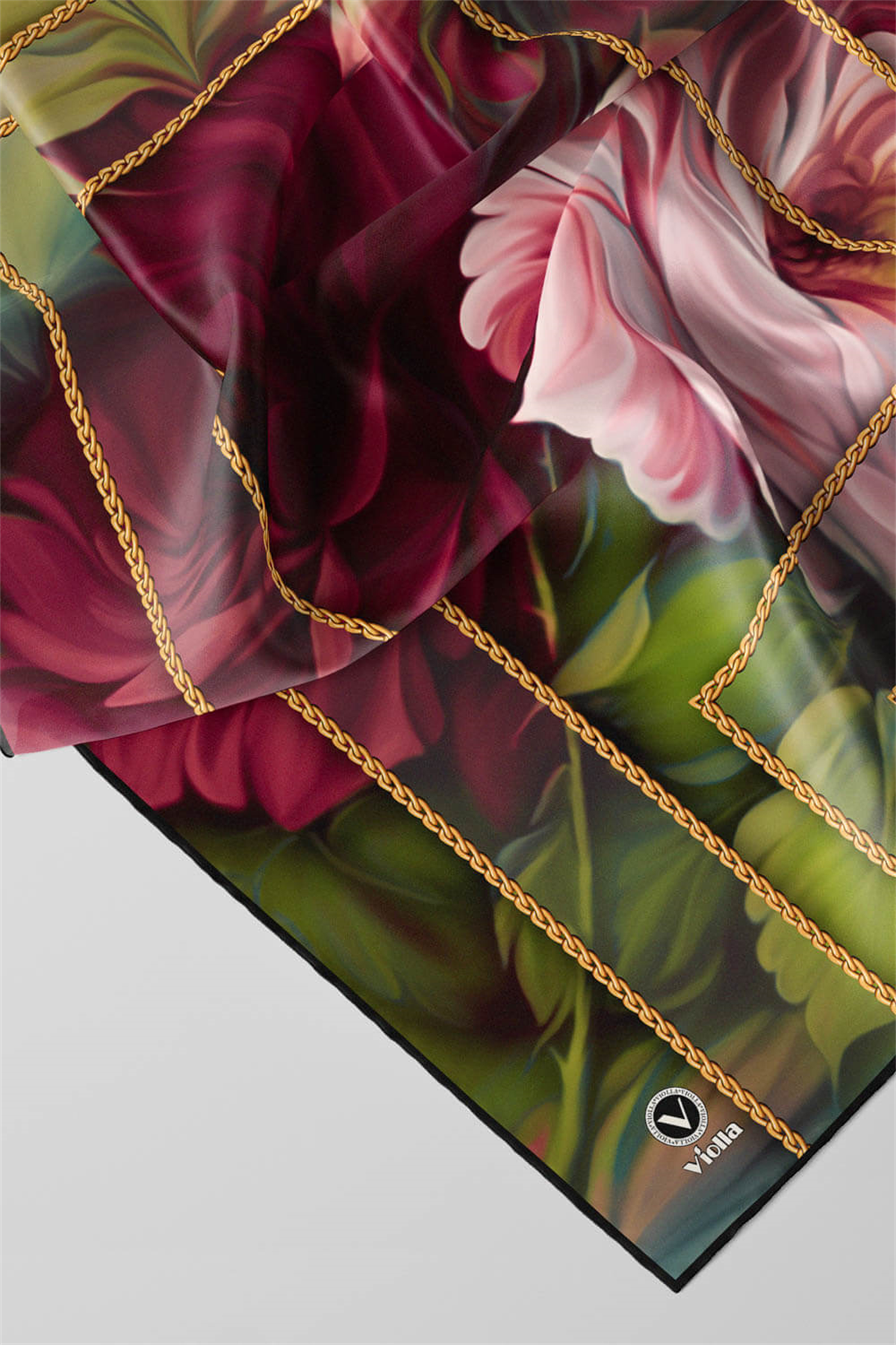 Twill Gül Desenli Şarabi - Haki Renkli 90x90 Eşarp (İpek İçermez) Kenar Dikiş Şekli El Dikişli