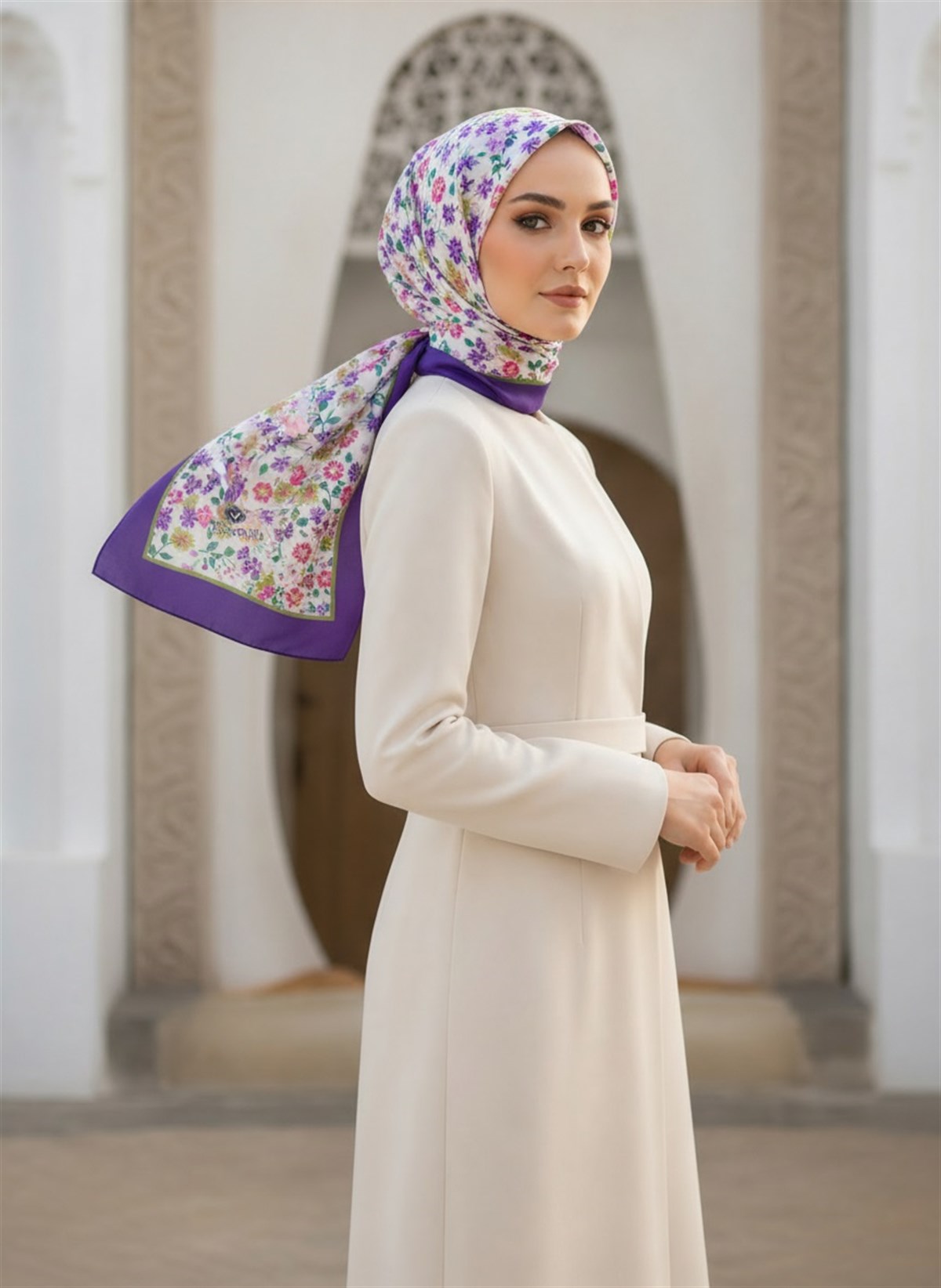 %100 Saf İpek Şal İnce Saten Vual Dokuma Çıtır Çiçek Desenli Mor Renkli 90x210 Şal