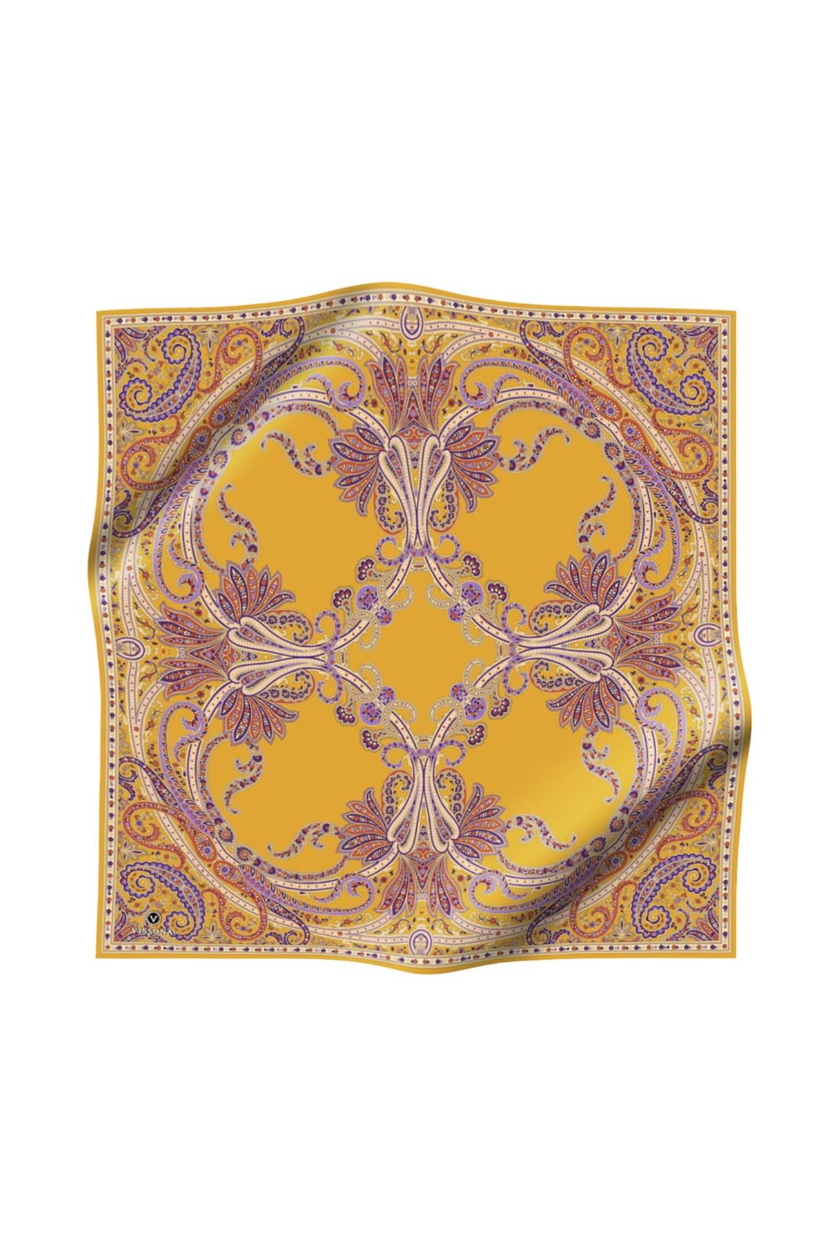 %100 Twill İpek Şal Desenli Gold Renkli 90x90 Eşarp Dikim Şekli : El Dikişi