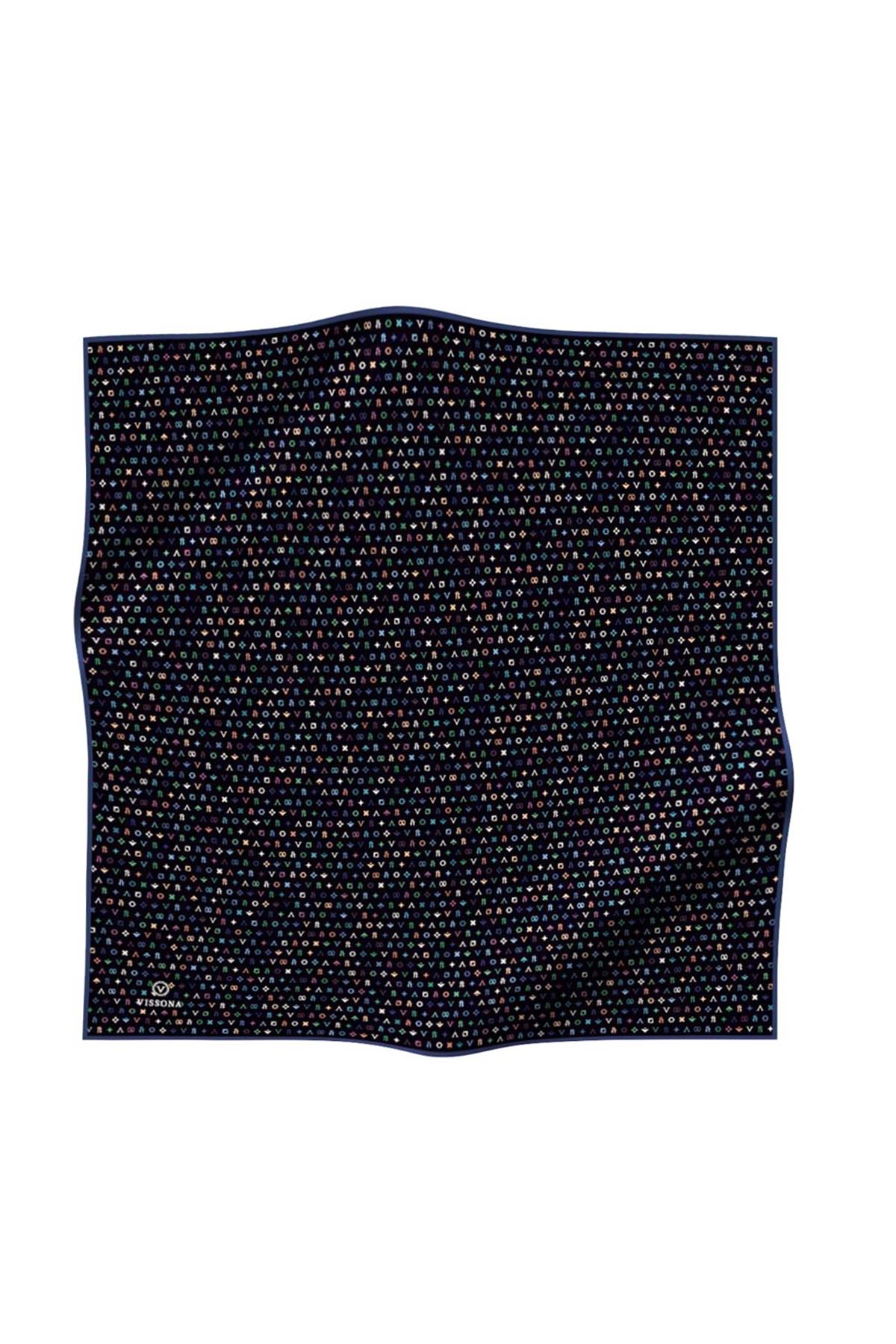 %100 Twill İpek Çıtır Motif Desenli Siyah - İndigo Renkli 90x90 Eşarp Dikim Şekli : El Dikişi