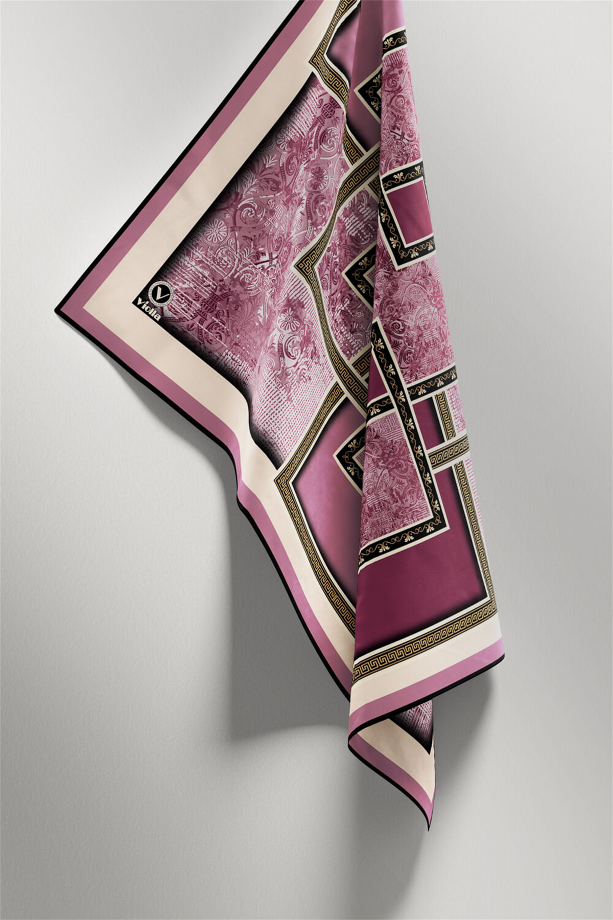 Twill Geometrik Desenli Mürdüm Renkli 90x90 Eşarp (İpek İçermez) Kenar Dikiş Şekli El Dikişli