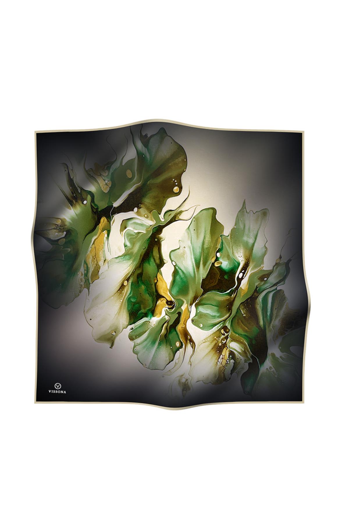 %100 Twill İpek Batik Çiçek Desenli Haki Yeşili - Zümrüt Yeşili Renkli 90x90 Eşarp Dikim Şekli : El Dikişi