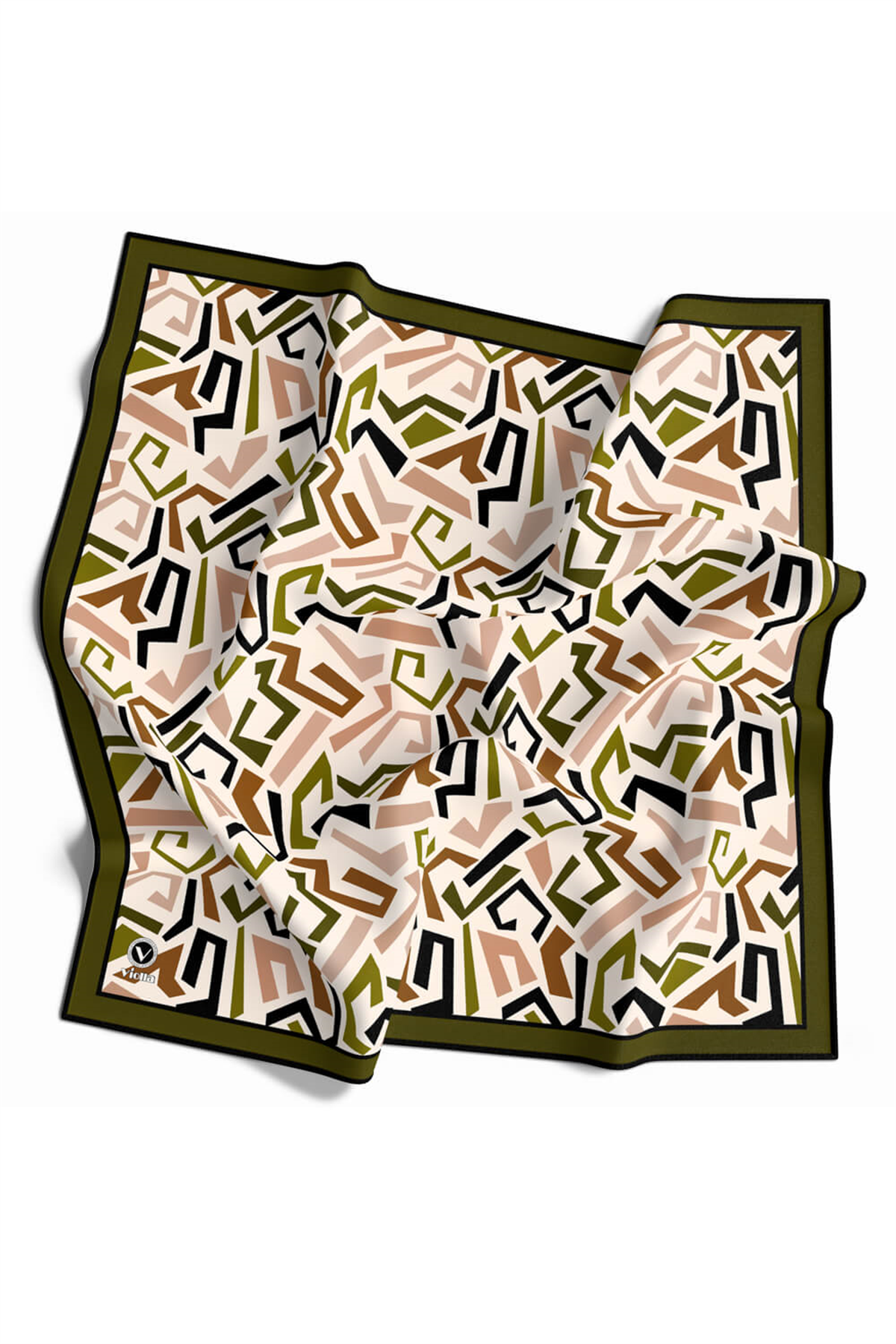 Twill Geometrik Desenli Haki Yeşili Renkli 90x90 Eşarp (İpek İçermez) Kenar Dikiş Şekli El Dikişli