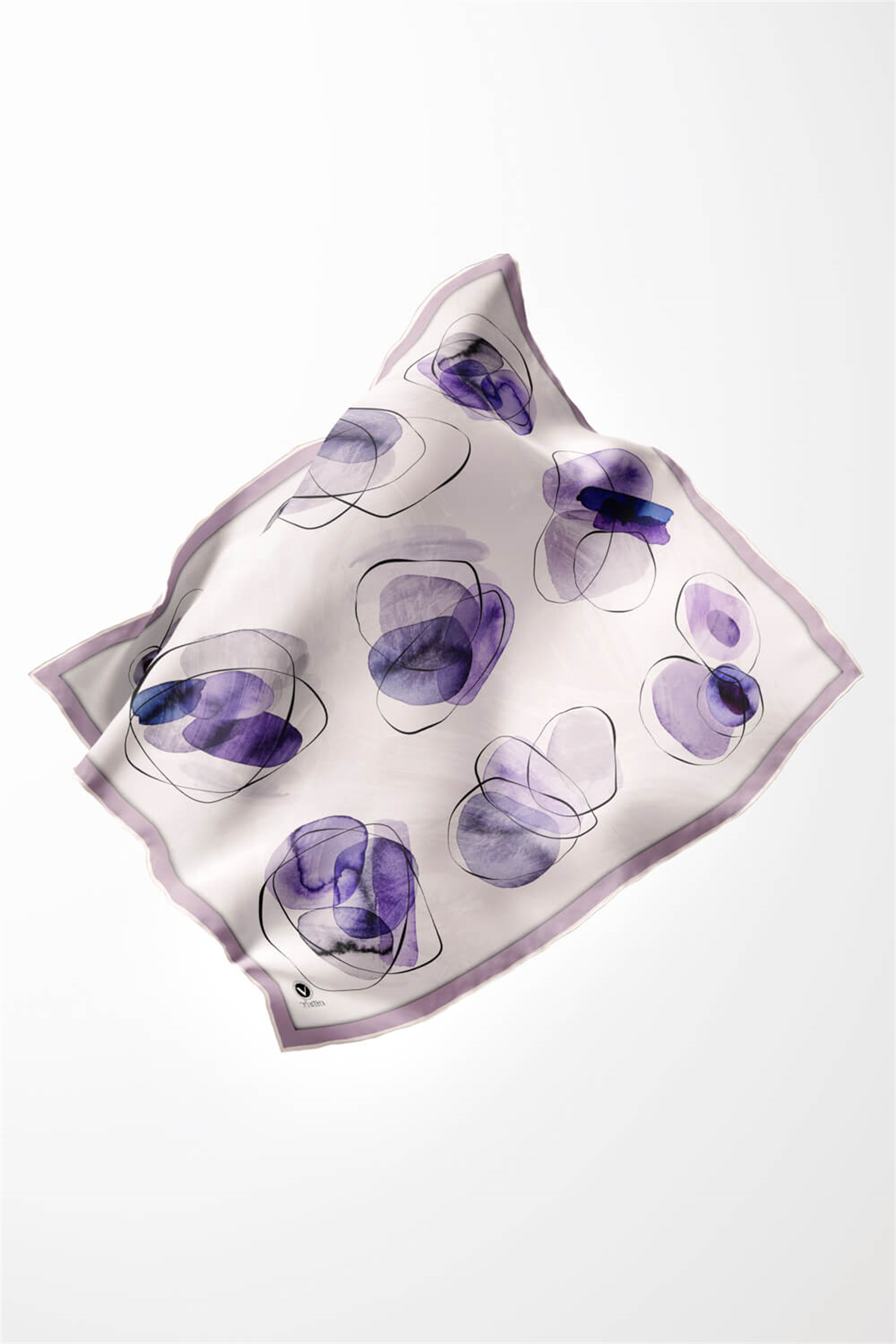 Twill Sulu Boya Geometrik Desenli Lila Renkli 90x90 Eşarp (İpek İçermez) Kenar Dikiş Şekli El Dikişli