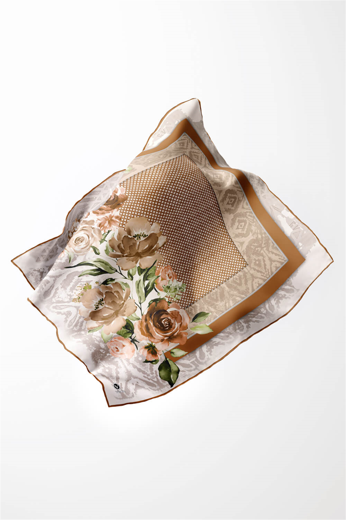 Twill Çiçek Desenli Hardal Renkli 90x90 Eşarp (İpek İçermez) Kenar Dikiş Şekli El Dikişli