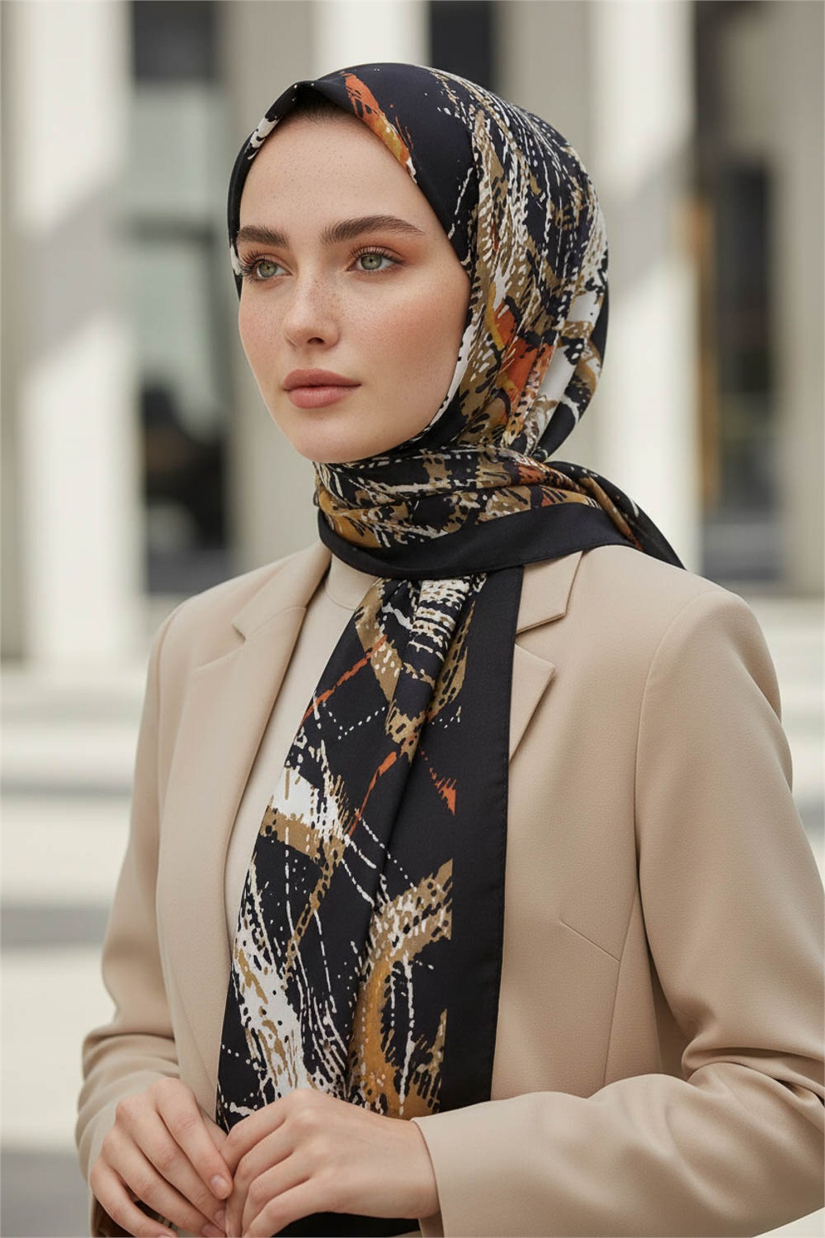 KREP DEGRADELİ ÇİZGİ DESENLİ TABA RENKLİ 75X195 KIRIŞMAZ ŞAL