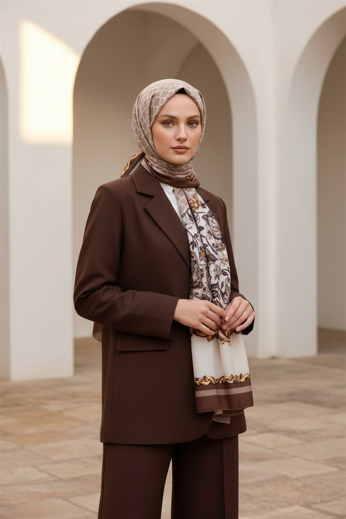 %100 Saf İpek Şal İnce Saten Vual Dokuma Dokuma Çiçek Desenli Kahve - Bej Renkli 90x210 Şal