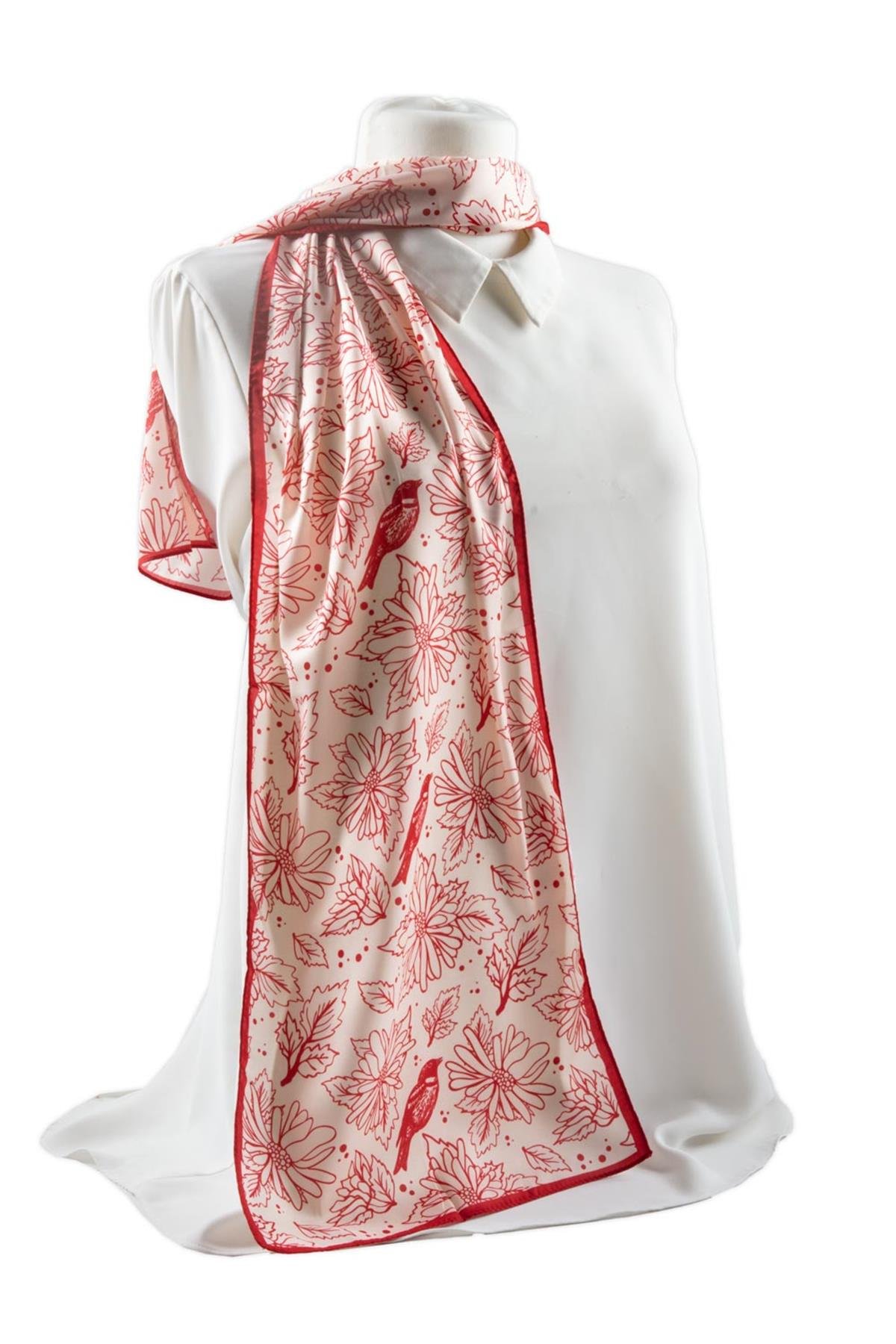 Çiçek ve Kuş Desenli Fular 30x140