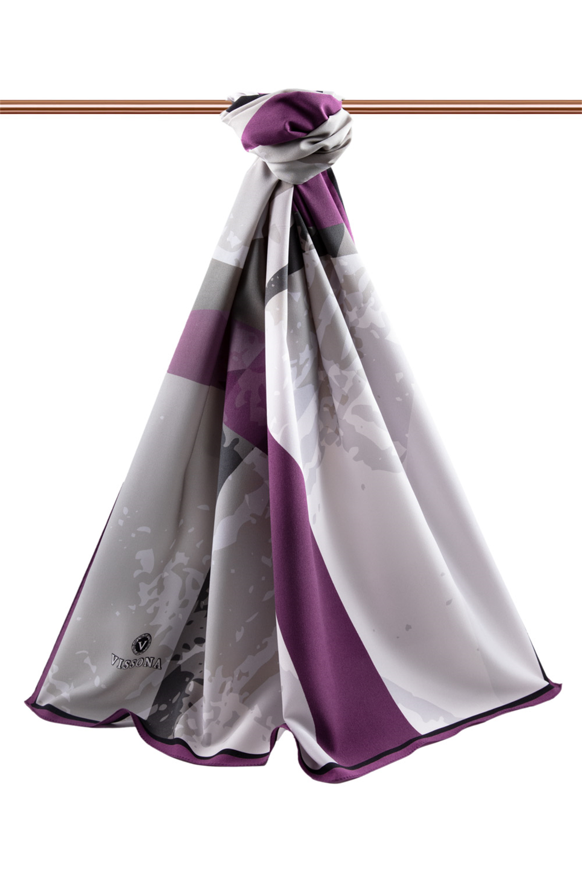 LÜKS MEDİNE GEOMETRİK DESENLİ VİZON - MÜRDÜM  RENKLİ 75X195 KIRIŞMAZ ŞAL MOSS KREP DİKİŞ TİPİ İTALYAN DİKİŞLİ