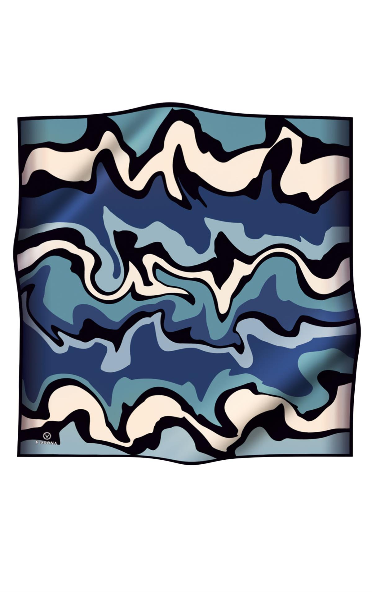 100% Twill İpek Dalga Desenli İndigo - Petrol Mavisi Renkli 90x90 Dikim Şekli : El Dikişi Eşarp