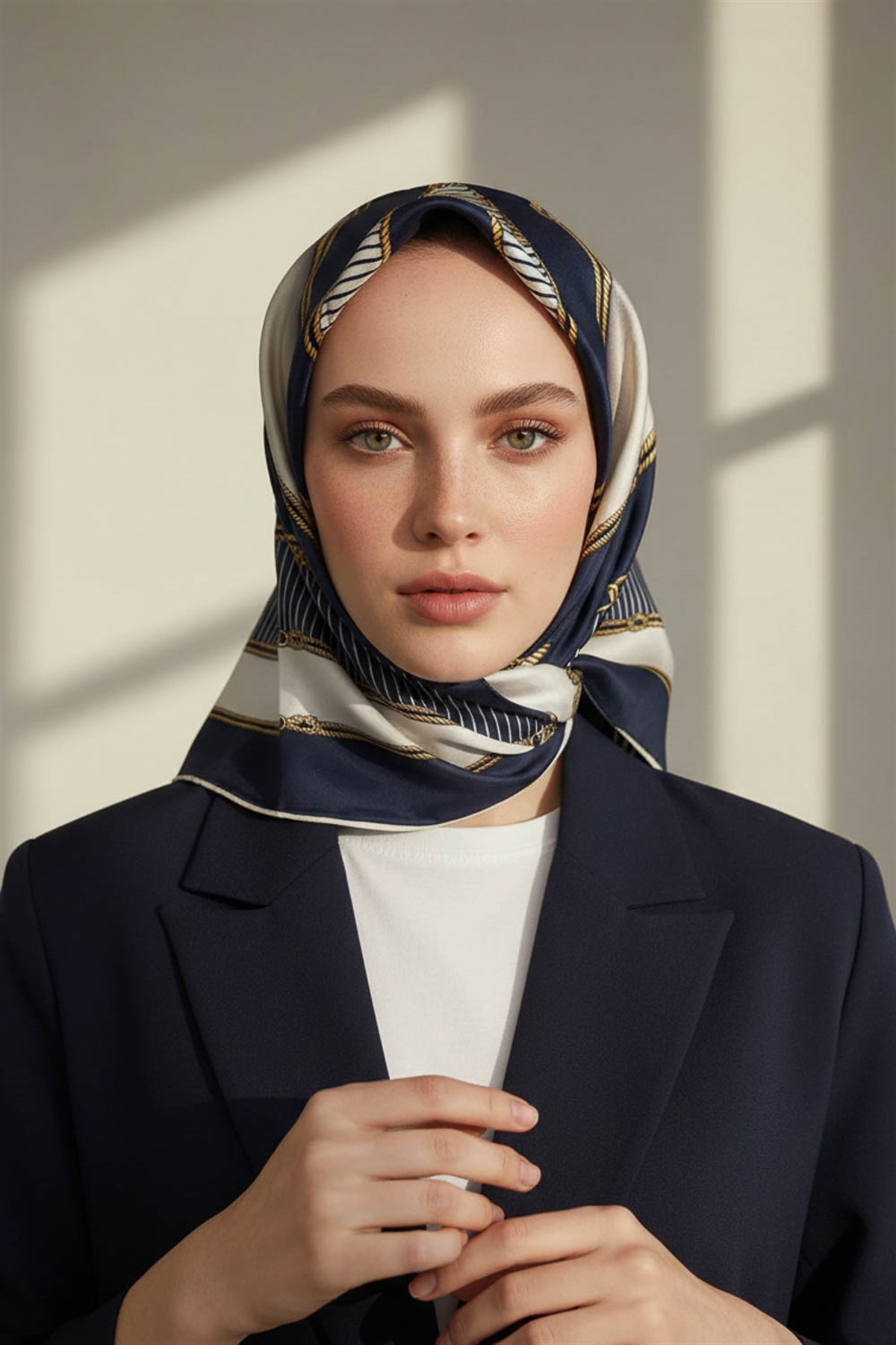 % 57 İPEK % 43 VİSKON Twill İpek Zincir Detaylı Geometrik Desenli Lacivert - Lacivert Renkli 90x90 Eşarp Dikim Şekli : El Dikişi