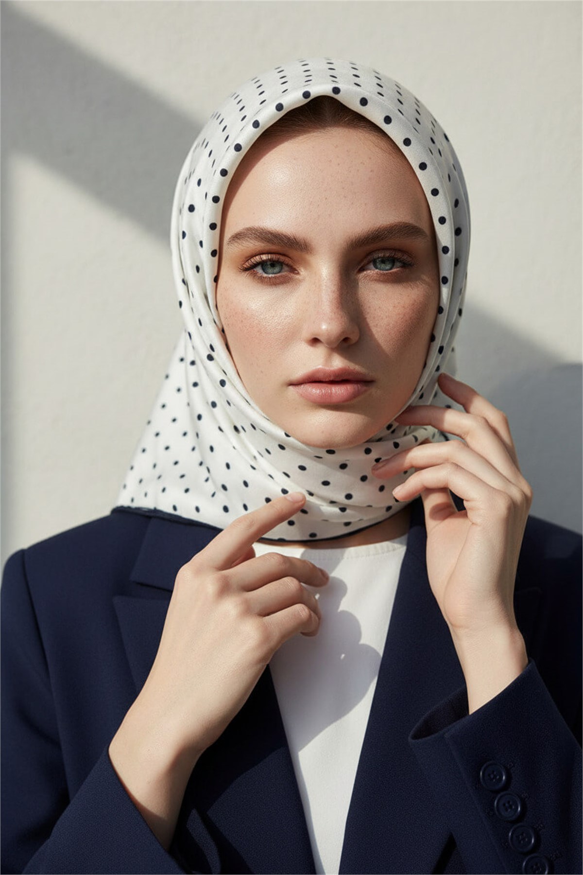 %100 Twill İpek Eşarp 90x90 Puantiye Desenli El Dikişli Kadın Eşarp