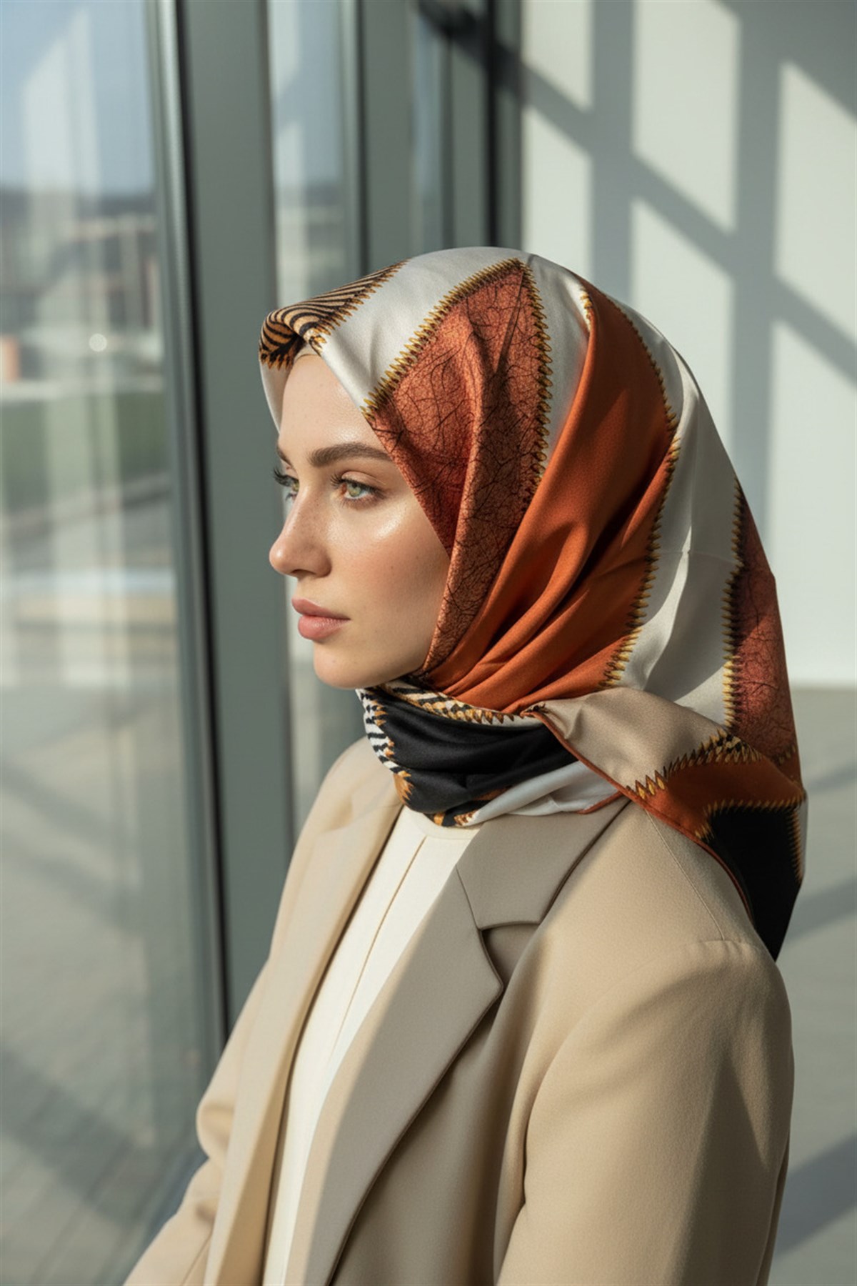 % 57 İPEK % 43 VİSKON Twill İpek Geometrik Desenli Taba - Siyah Renkli 90x90 Eşarp Dikim Şekli : El Dikişi