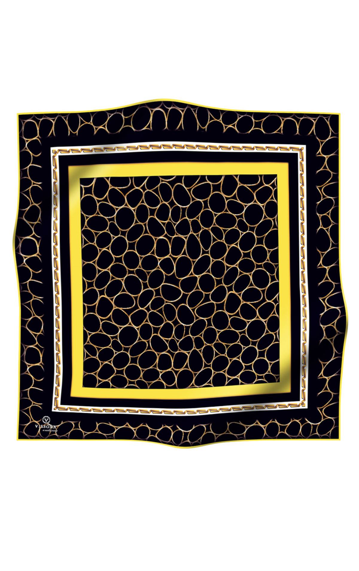 %100 Twill İpek Zincir Desenli Siyah - Limon Sarısı Renkli 90x90 Eşarp Kenar Dikiş Şekli El Dikişli