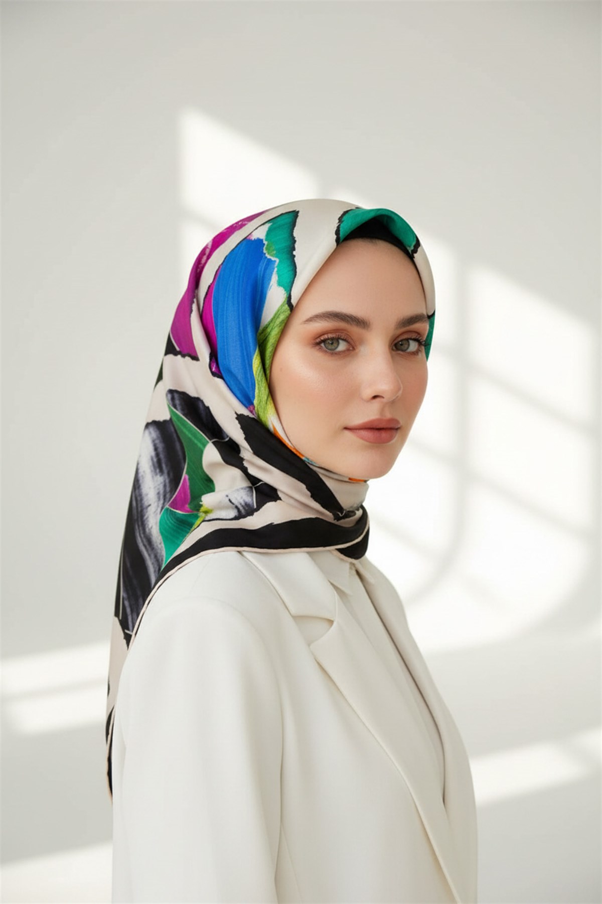 %100 Twill İpek Geometrik Desenli Fuşya - Saks Renkli 90x90 Eşarp Dikim Şekli : El Dikişi