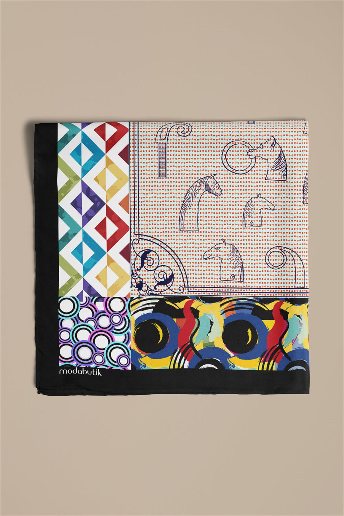 Violla Kadın Krem Mavi Satranç Desenli 50x50 Bandana