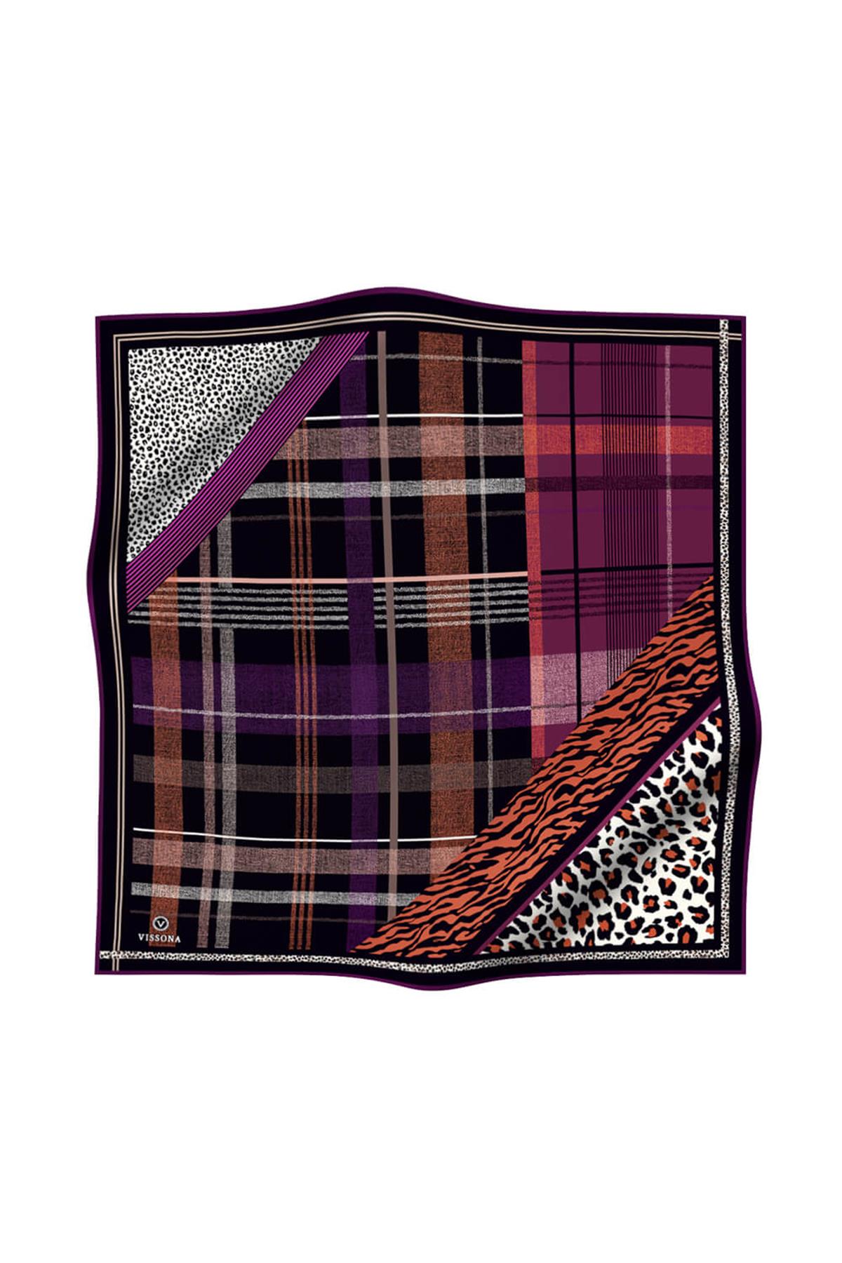 %100 Twill İpek Ekoseli Ve Leopar Desenli Mürdüm - Taba Renkli 90x90 Eşarp Dikim Şekli : El Dikişi