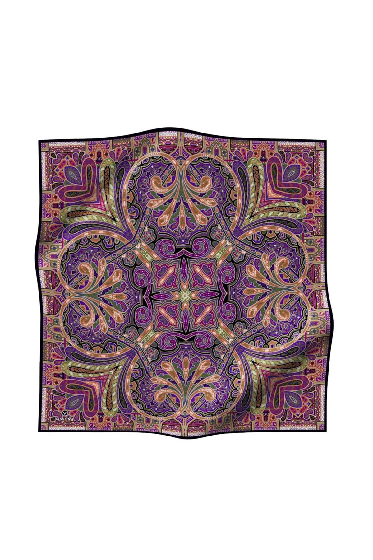 100% Twill İpek Etnik Desenli Siyah - Mor Renkli 90x90 Dikim Şekli : El Dikişi Eşarp