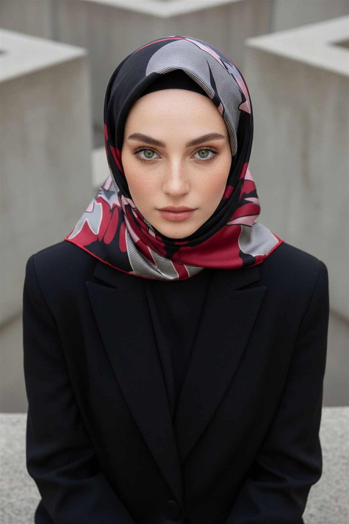 %100 Twill İpek Çiçek Desenli Siyah - Bordo Renkli 90x90 Eşarp Dikim Şekli : El Dikişi
