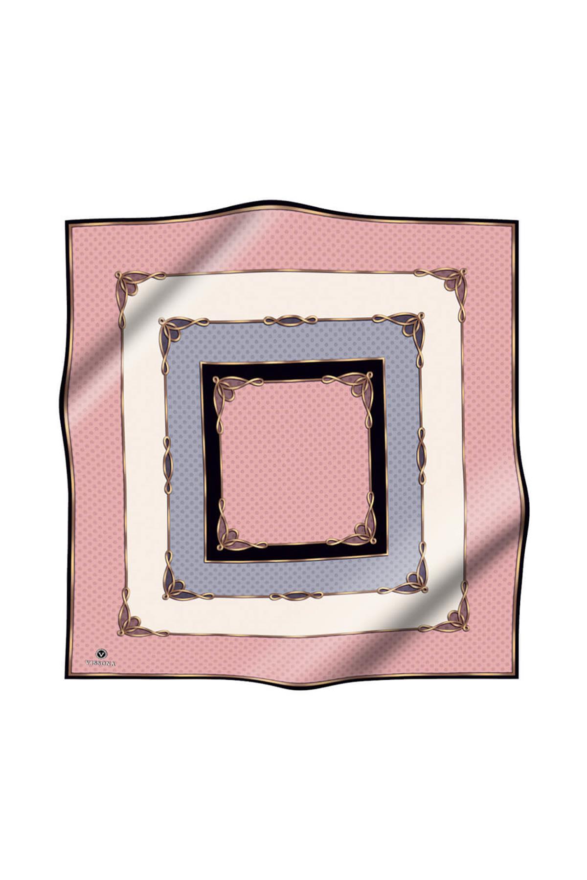 %100 Twill İpek Puantiyeli ve Geometrik Desenli Pudra - Gri Renkli 90x90 Eşarp Dikim Şekli : El Dikişi