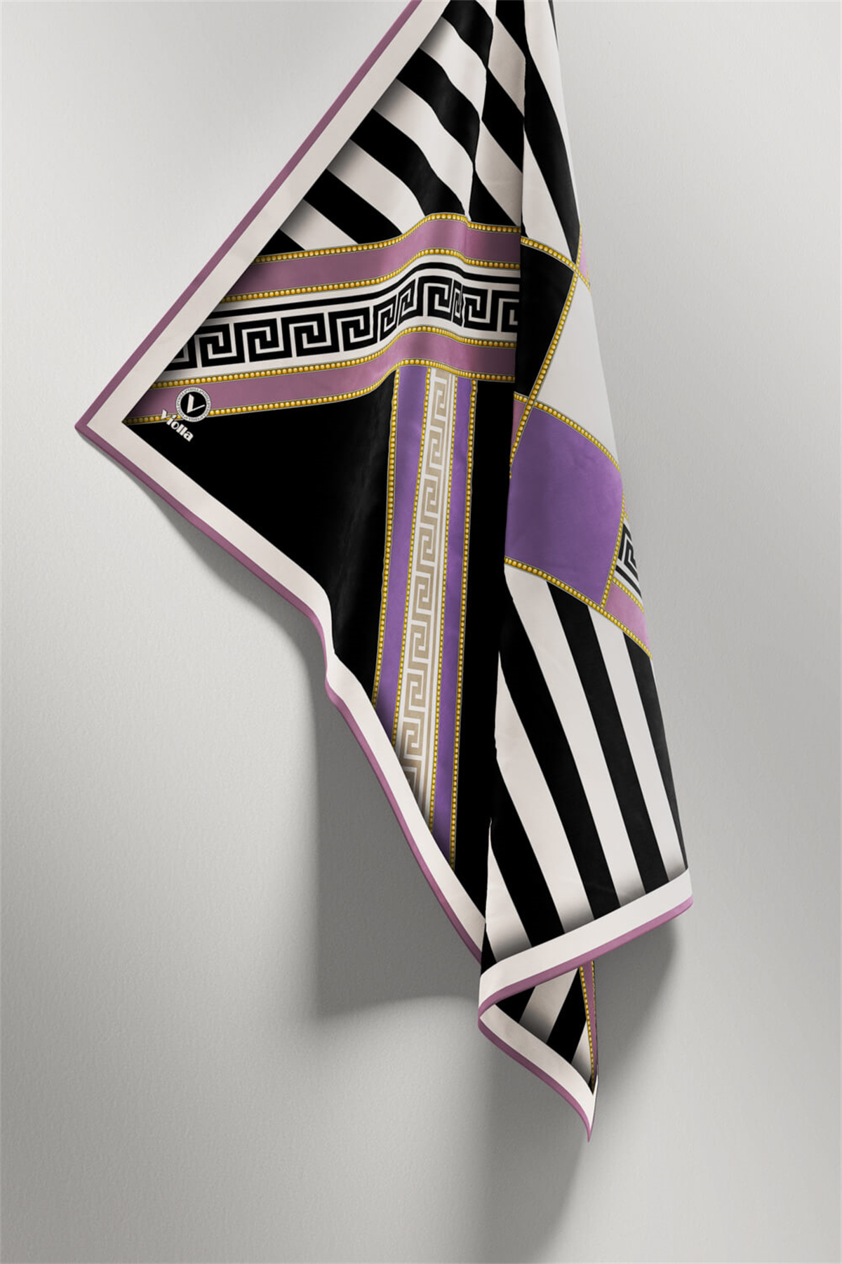 Twill Çizgili Geometrik Desenli Lila Renkli 90x90 Eşarp (İpek İçermez) Kenar Dikiş Şekli El Dikişli