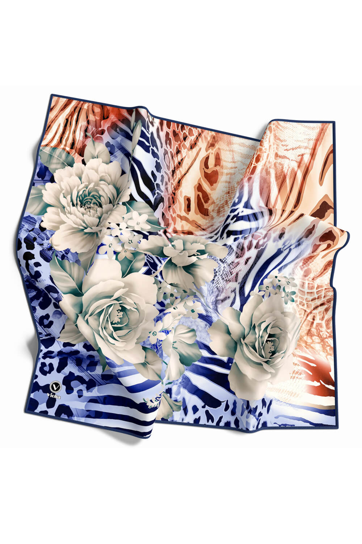 Twill Renkli Şerit Desenli İndigo - Taba  Renkli 90x90 Eşarp (İpek İçermez) Kenar Dikiş Şekli El Dikişli
