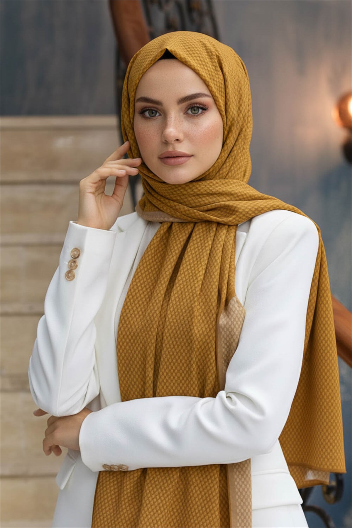 KREP HASIR DESENLİ HARDAL RENKLİ 75X195 KIRIŞMAZ ŞAL